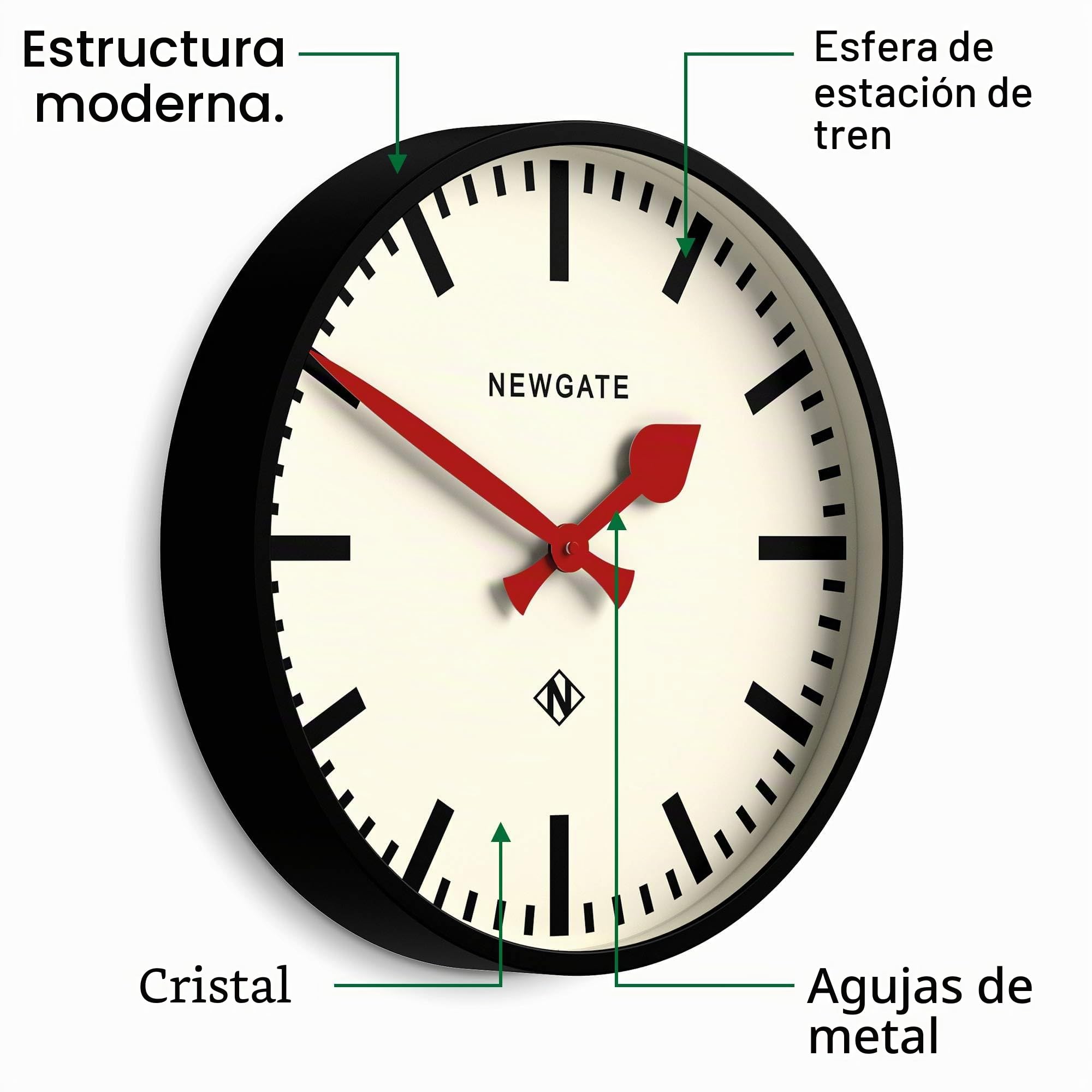 NEWGATE® Universal Reloj de Pared | Gran y Moderno Reloj Vintage de estación | 43cm | Caja de Metal Negro Mate Profundo con Manos de Metal Rojo | Estilo de Mediados de Siglo