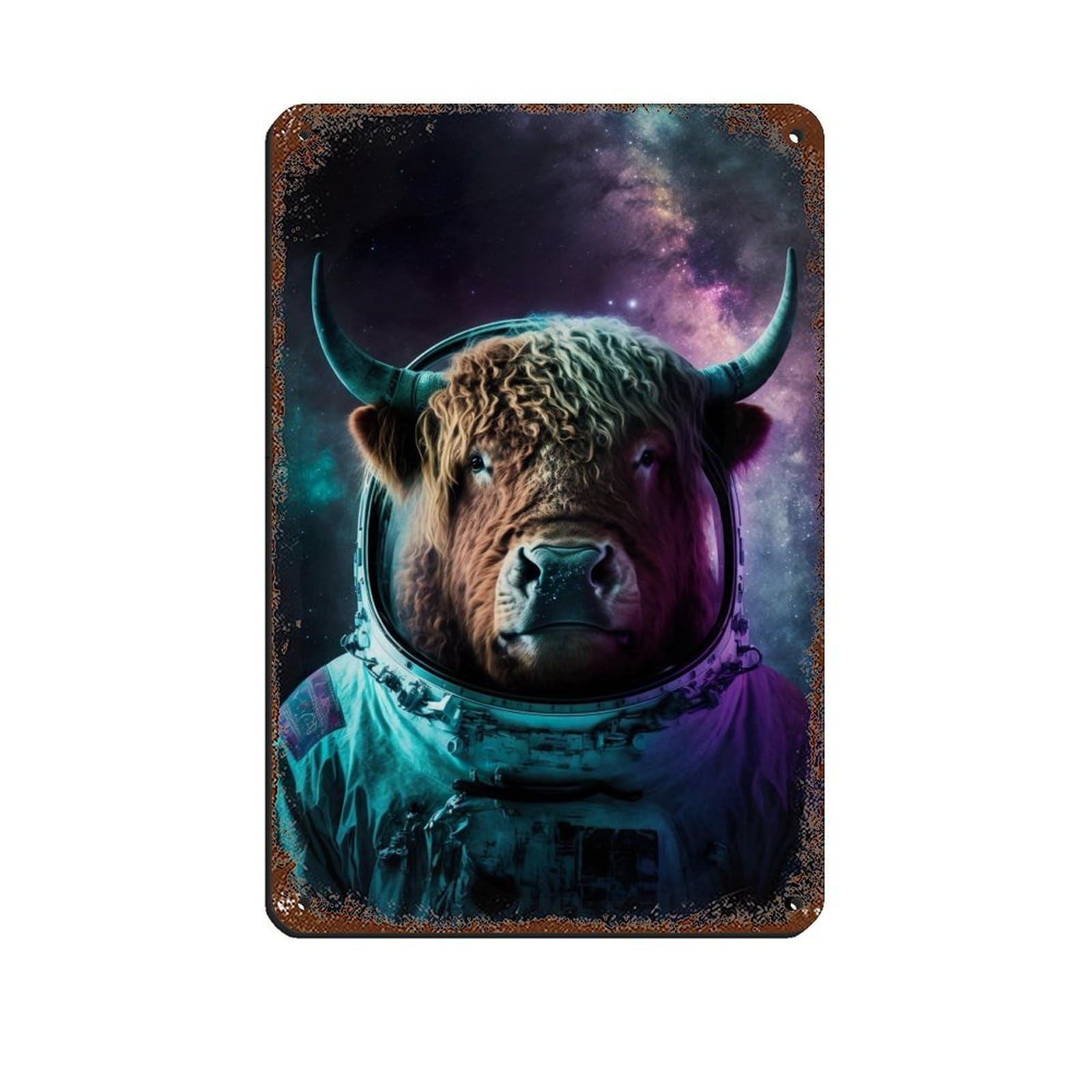Lxwnze 20L X 30W Cm Highland Cow In A Spacesuit, Animal Inspace Retro Poster Metal Tin Sign Chic Art Retro Iron Painting Bar People Cave Cafe Family Garage Poster Wall Decoration 8X12inch(20X30cm)