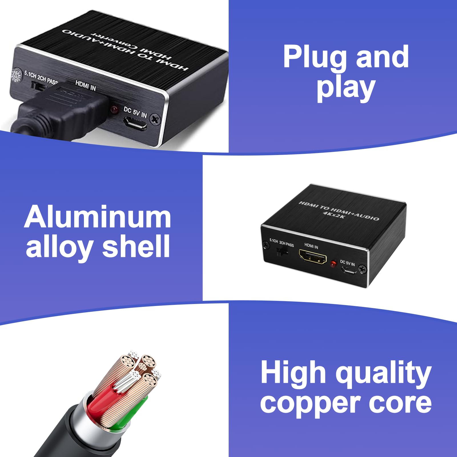4K x 2K HDM1 Audio Convertisseur Adaptateur, Extracteur Audio HDM1 Splitter, Répartiteur Audio HDM1, HDM1 vers HDM1 Audio avec Adaptateur Stéréo 3,5 mm, Noir