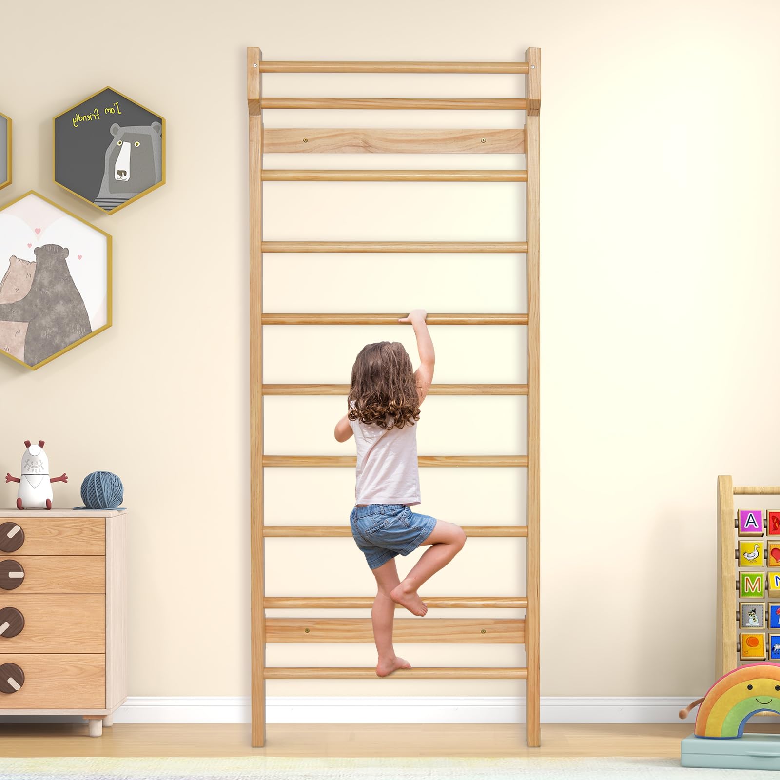 GOPLUS Espaldera Gimnasio de Madera de Pino, Pared de Escalada para Habitaciones Infantiles, Escalera Sueca Barras de Pared para Adultos y Niños, 195 x 80 x 14 cm, Carga 100 kg