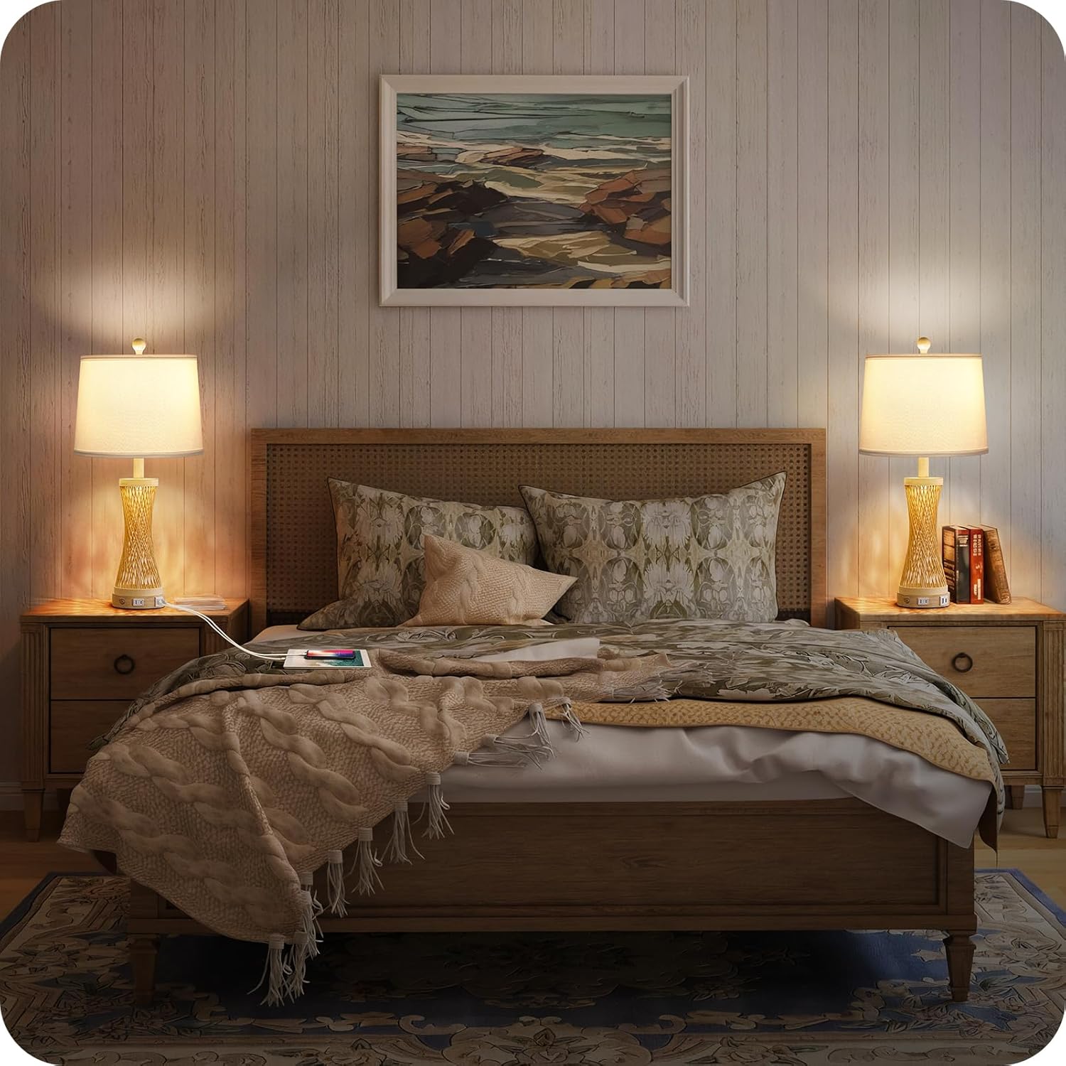 24.4”Farmhouse Rattan Table Lamps Set of 2, Touch Bedside Lamps for Bedroom with 3-Way Dimmable Night Light, USB A+C Charging Ports, Bamboo Boho Nightstand Lamps, White, W04TL05