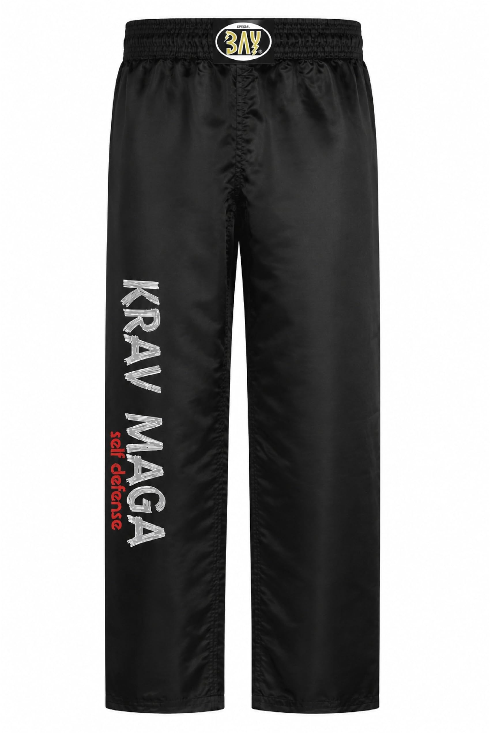 BAY Krav MAGA Satin Kampfsporthose Trainingshose Polyester Schwarz lang mit gesticktem Schriftzug am rechten Hosenbein Erwachsene Damen Herren Kinder Mädchen Jungen Größen 4XS - XXL
