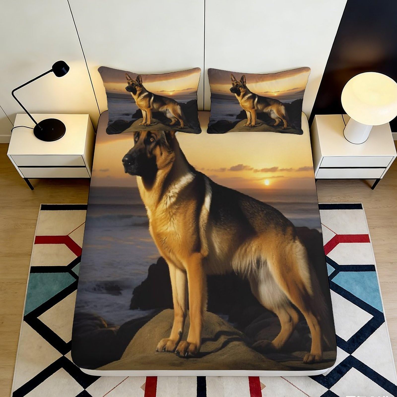 3D Printed German Shepherd Sunset Fitted Sheet Microfiber Non-Slip Bed Cover for Bedroom Guest Room Mattress Decor 115 200x200x25cm