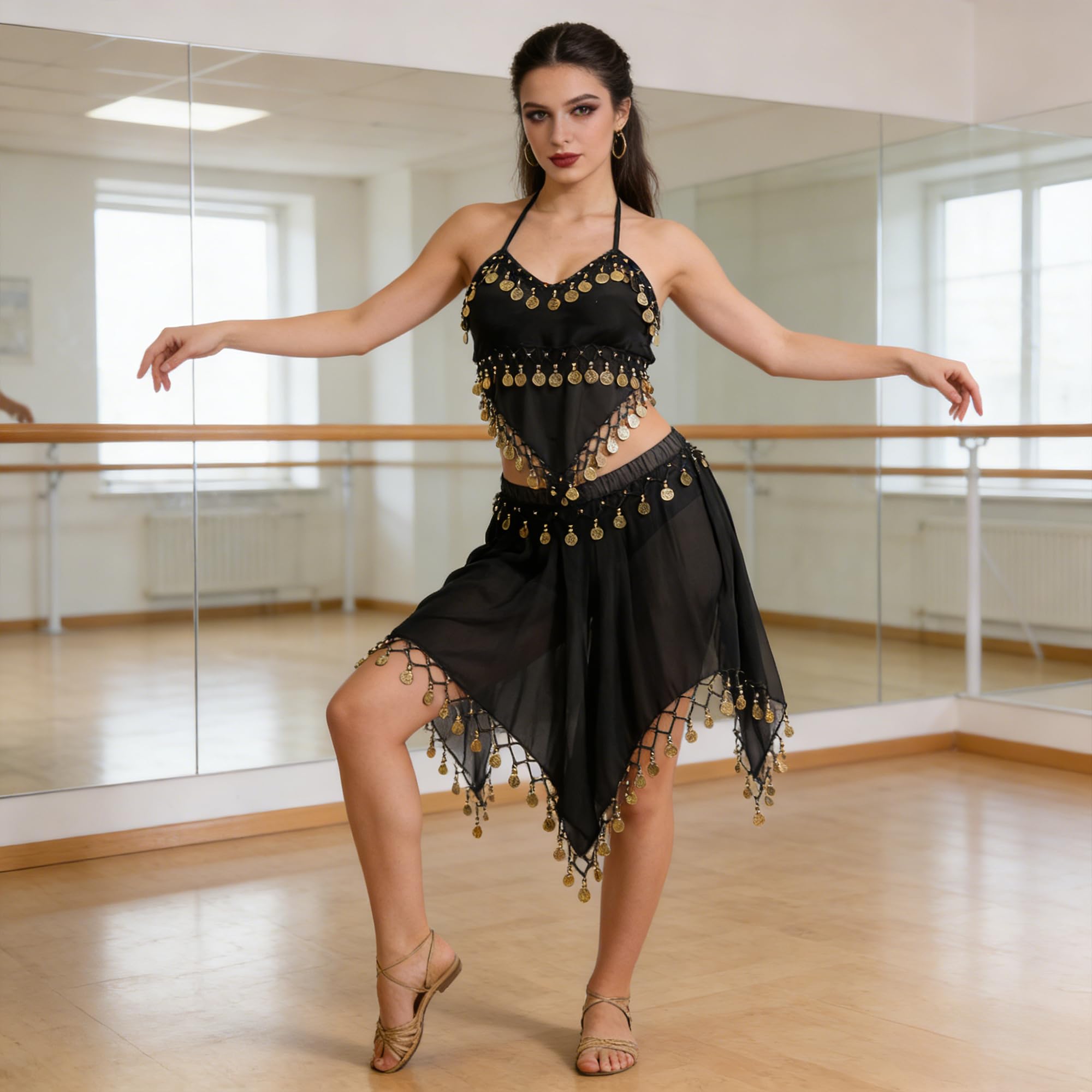 Wildarms Costume Danza del Ventre Carnevale Donna, Set 2 pz Top & Gonna con Paillettes, Abito Premium per Festa e palco (IT, Testo, Taglia Unica, Regular, Regular, Nero)