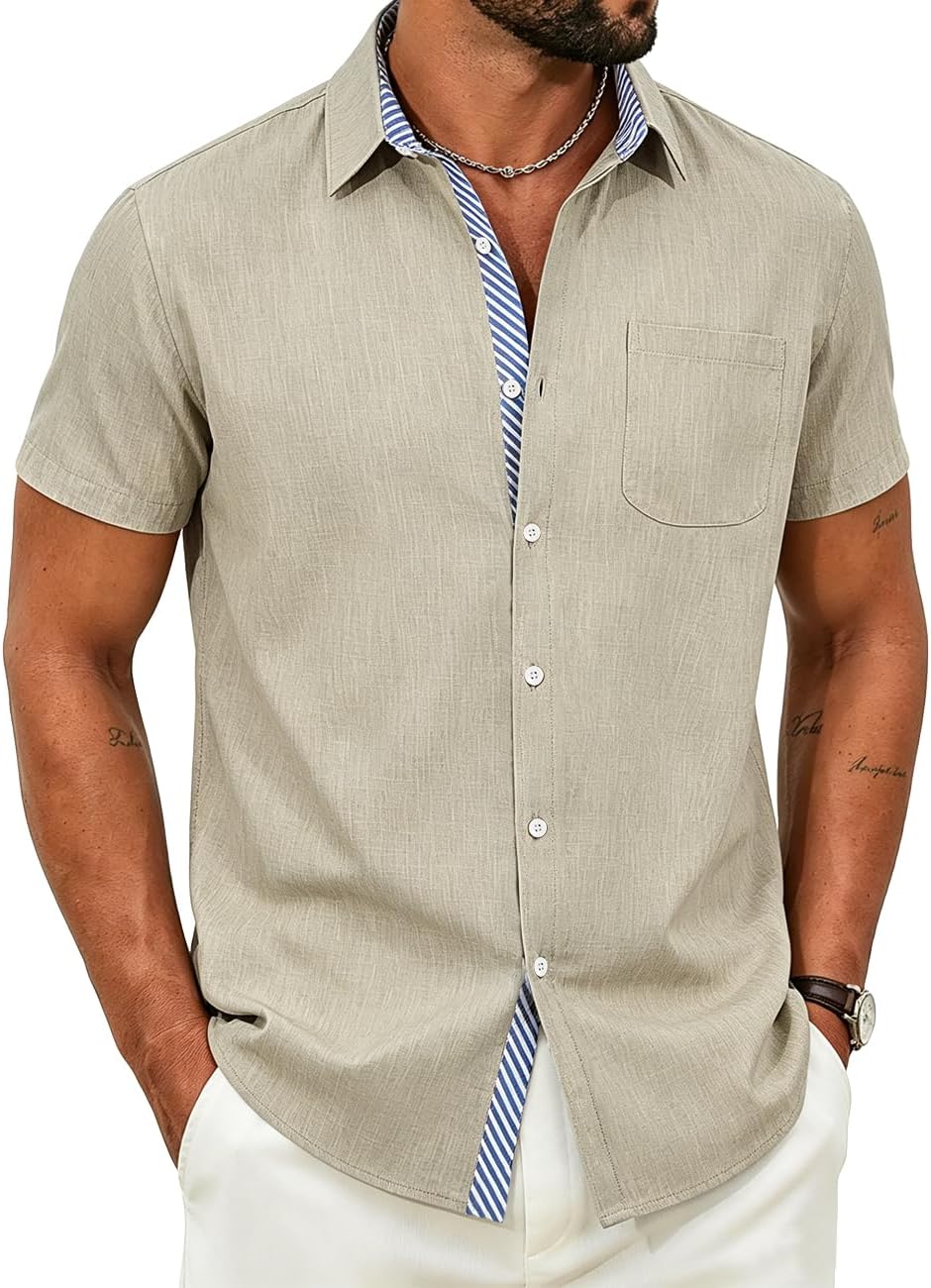 Men's Linen Shirt Button Down Shirts Short Sleeve Casual Summer Business Work Shirt with Pocket