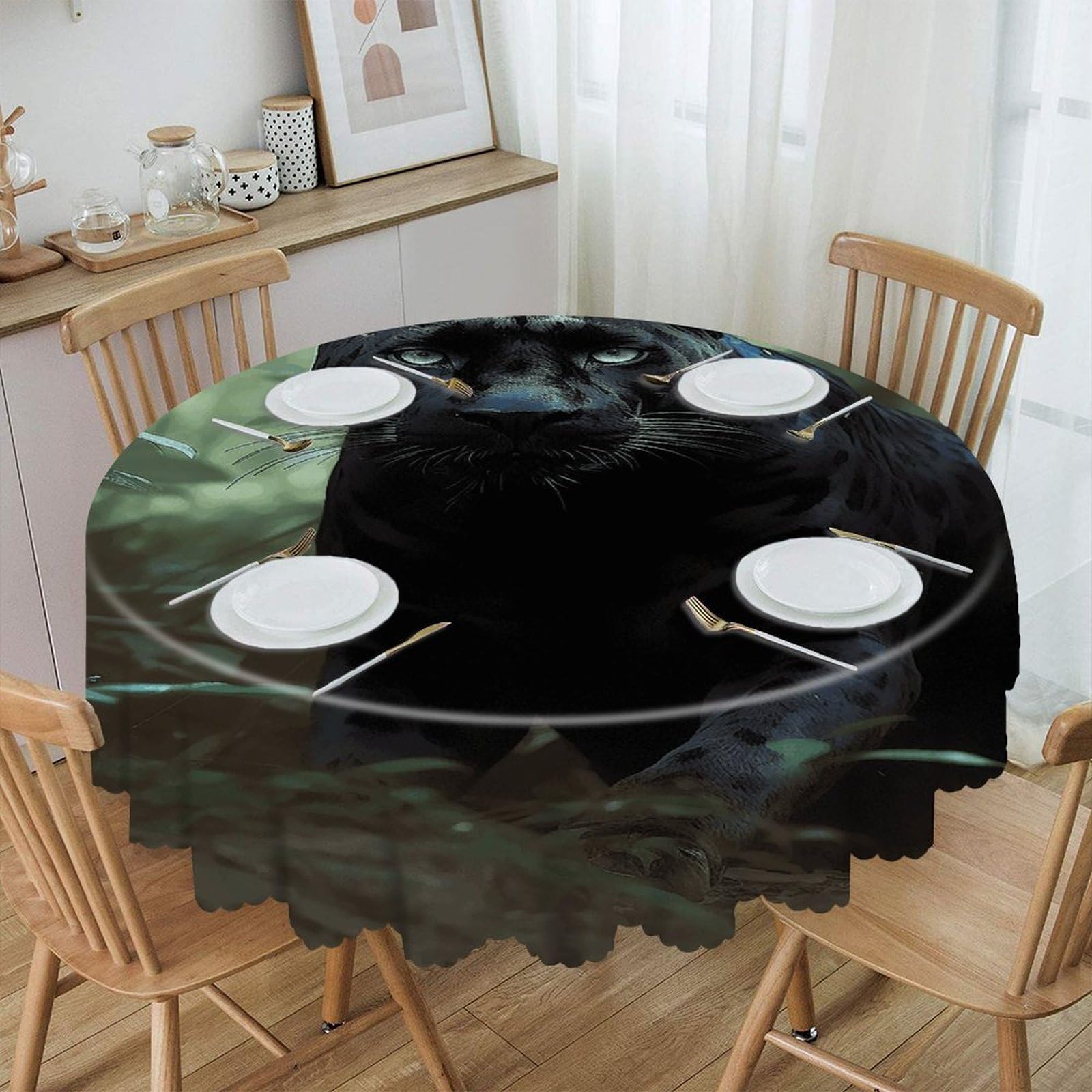 VstaDank Forest Panther Round Tablecloth Premium Polyester Table Cloth Heavy Duty Washable Fabric Tablecloth Waterproof Holiday Table Cover Decorative Tablecloths for Dining 60"