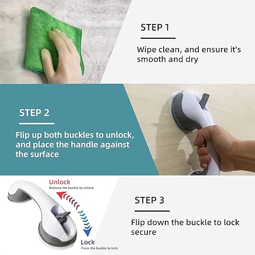 Miniatura 4 de Paquete de 2 barras de agarre resistentes para ducha, asas de barra de succión gris de 12 pulgadas para ancianos, personas mayores, discapacitados,