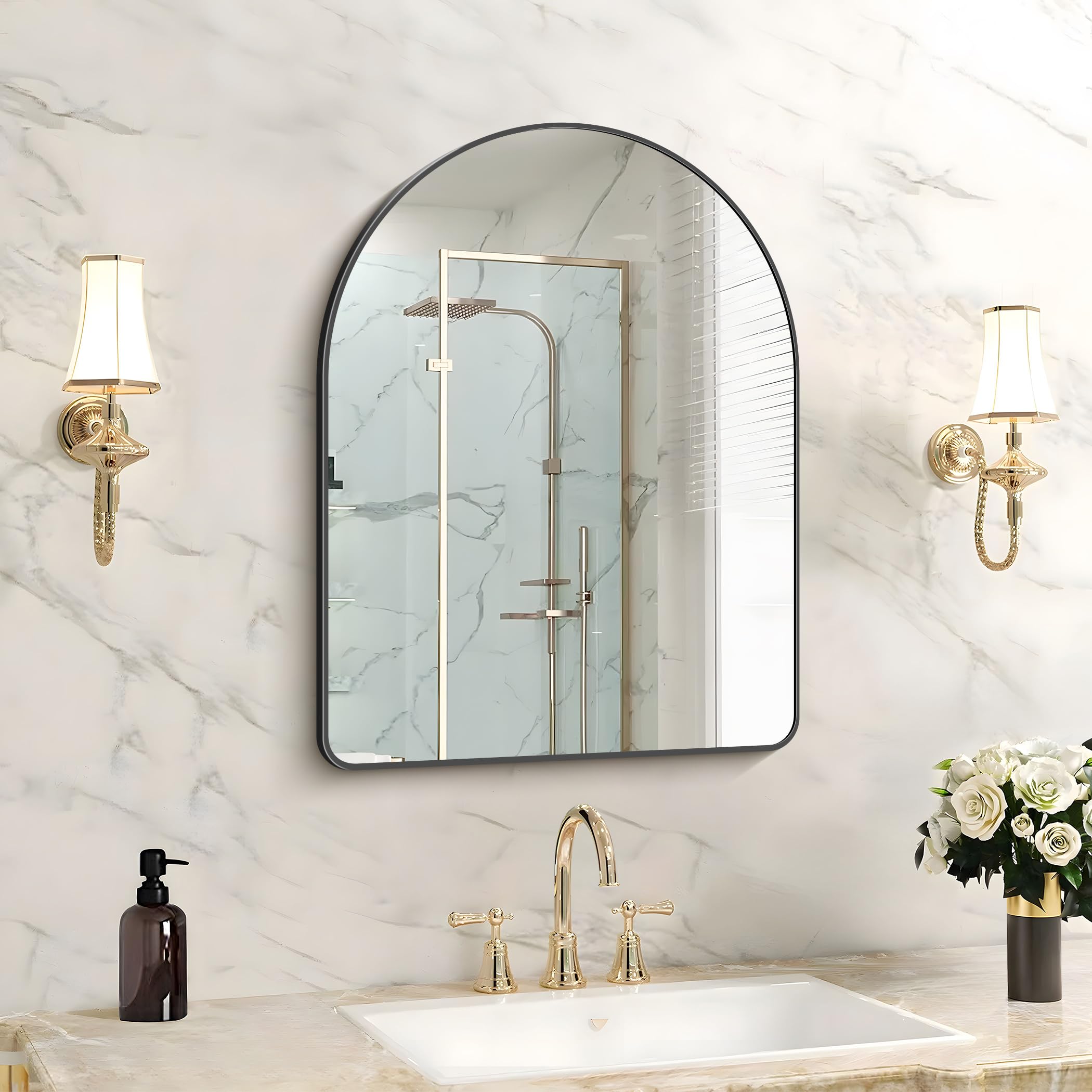 forbath arched bathroom mirror 18x24 inch, black bathroom mirror wall mounted modern aluminum alloy frame arch mirror for bedroom living room entryway, hanging or leaning against wall