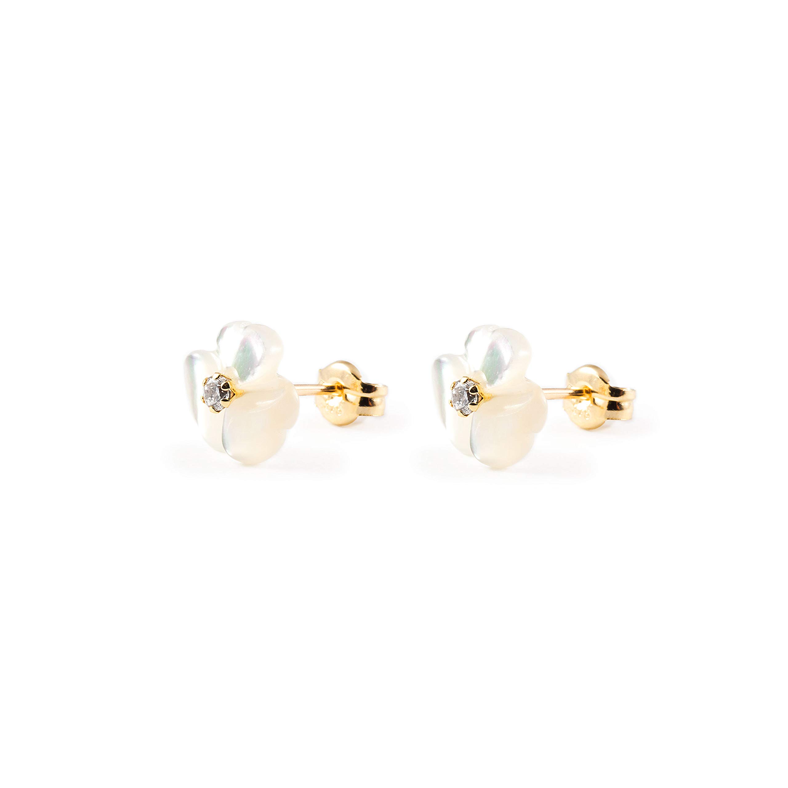 Monde Petit Pendientes Niña Flor Nacar 3 Petalos Circonita (9kts) - Estuche Regalo - Certificado de Garantía - Mondepetit