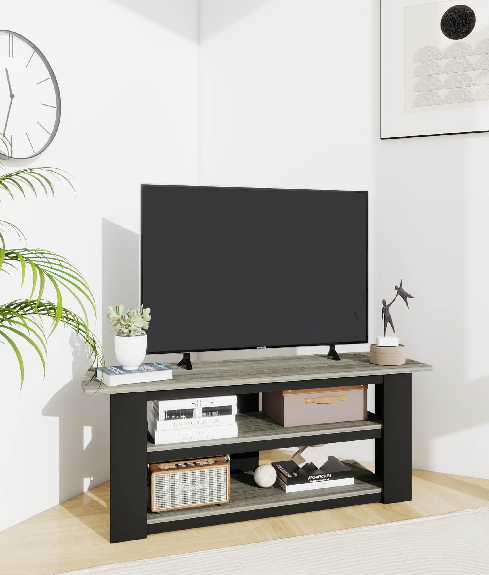 VPSMAT Modern TV Stand for 50" Television, Entertainment Center with Open Storage Shelves, TV Stand for Living Room Bedroom, Grey