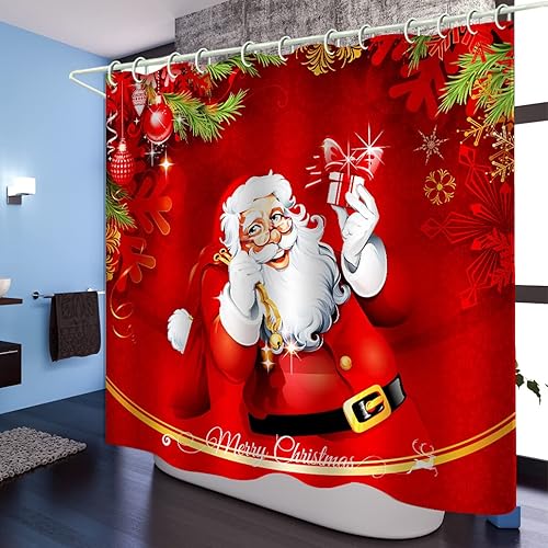 Miniatura 7 de WODEJIA Cortina de ducha de tela con estampado navideño para baño, cortinas de inodoro anchas impermeables de Papá Noel rojo para bañera, forro de