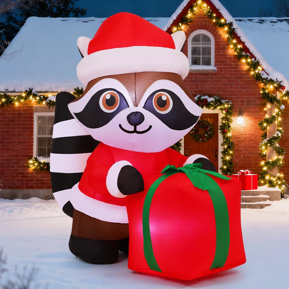 COMIN 5.2 FT Christmas Inflatables Outdoor Decorations Inflatable Raccoon Hold Gift Package Blow ups with Built-in LEDs for Yard Party Lawn Decor