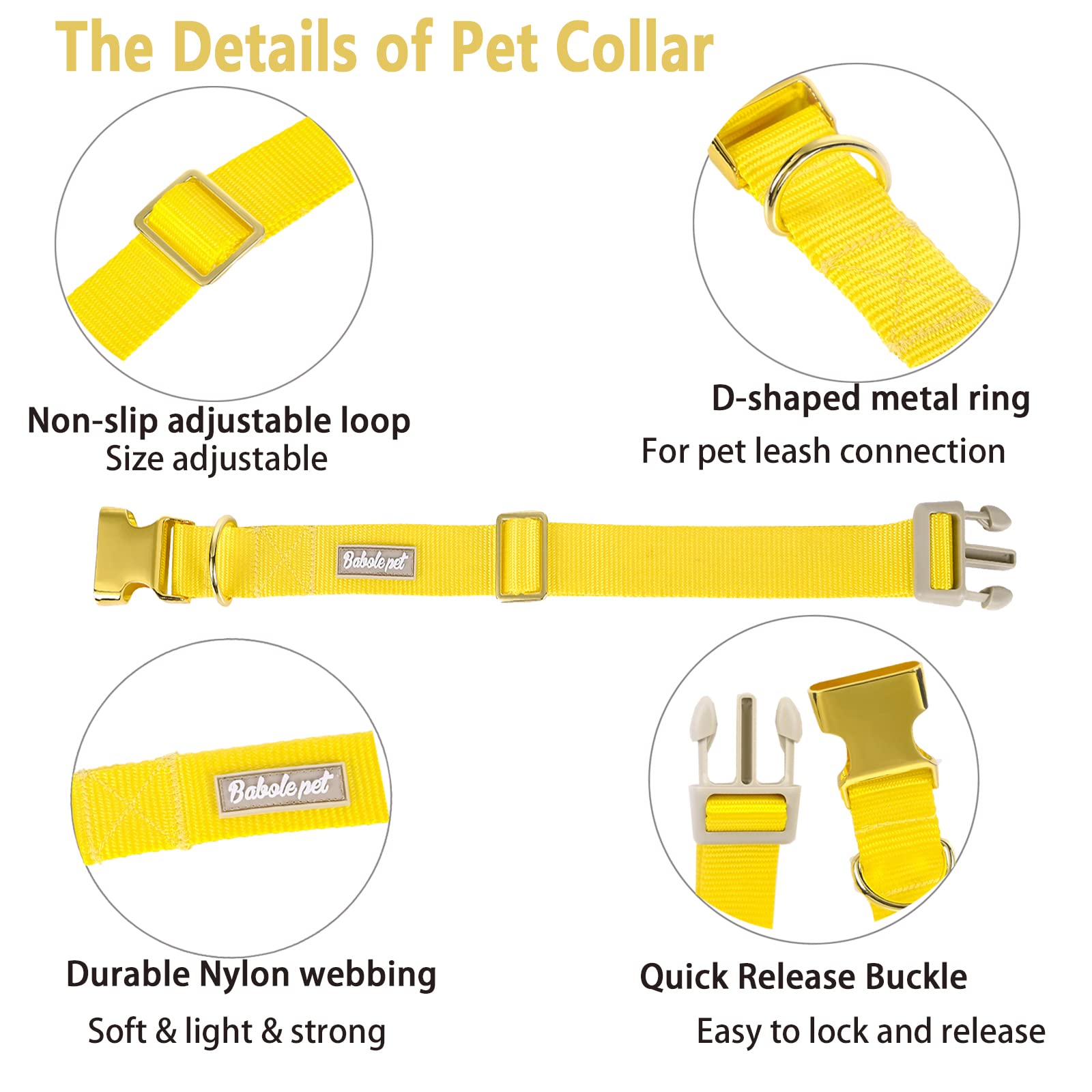Babole - Collares de perro con hebilla de metal de seguridad, ajustables, suaves, cómodos, de nailon, para perros pequeños, medianos y grandes (amarillo, L)