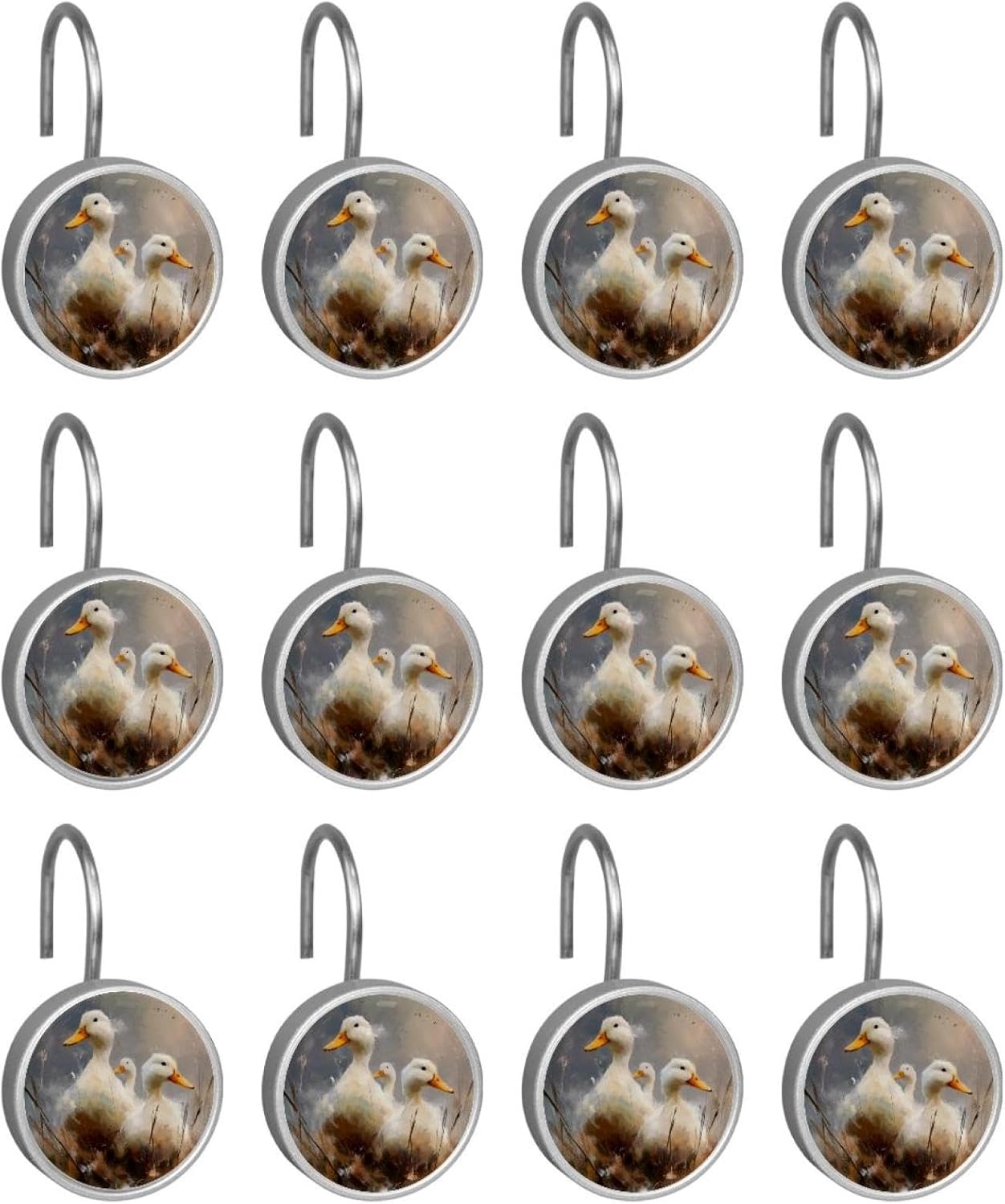 Wild White Ducks (1) Round Crystal Glass Decorative Shower Curtain Hooks with 3D Pattern Visual, Rust Proof Shower Curtain Rings-12 Pack