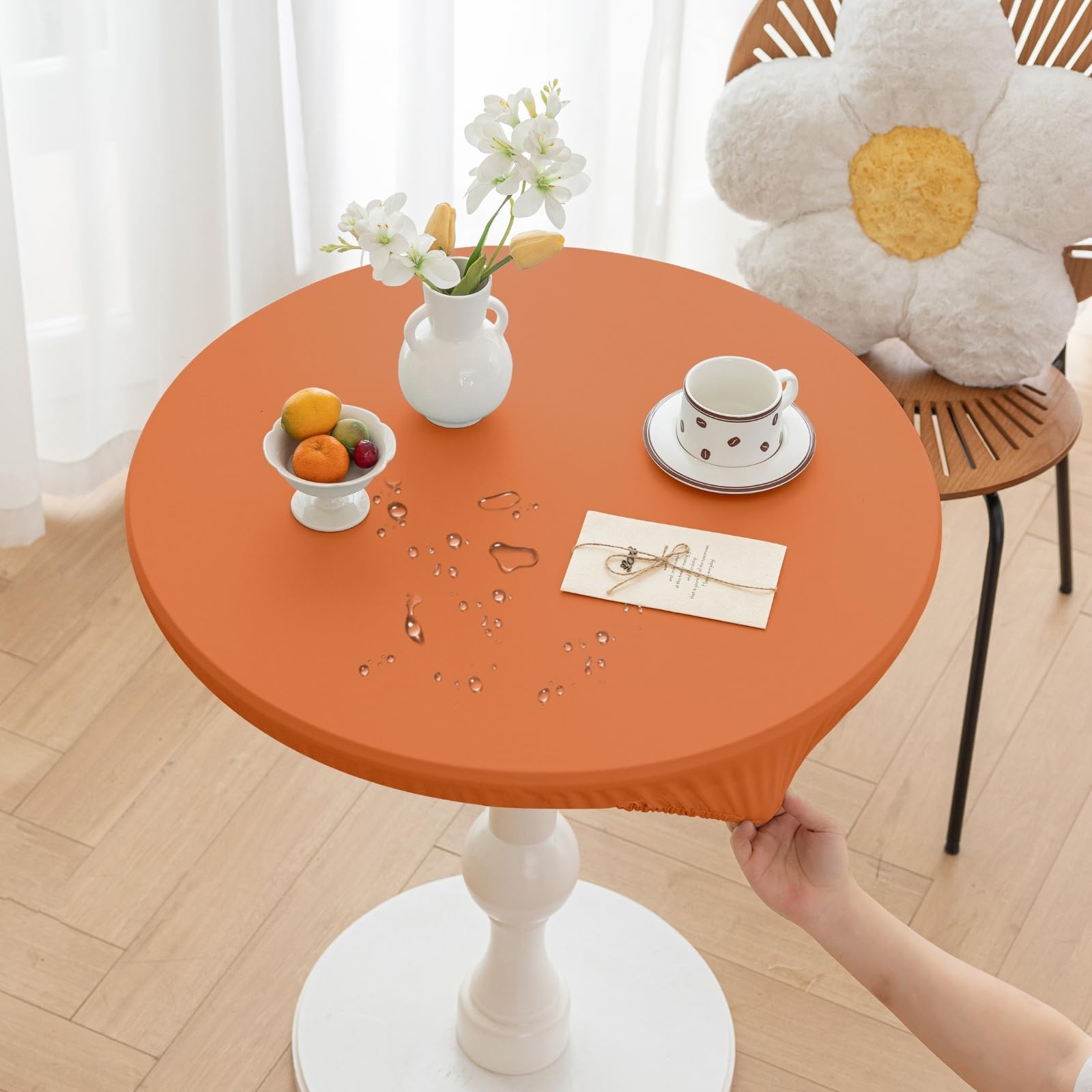 Huierxun Round Fitted PU Tablecloth with High Elastic Edge 63 Inch Dia Waterproof Oil Proof Table Cloth Anti-Scald Stain-Resistant Wipeable Table Cover for Indoor Outdoor Picnic (Orange,63" Dia)