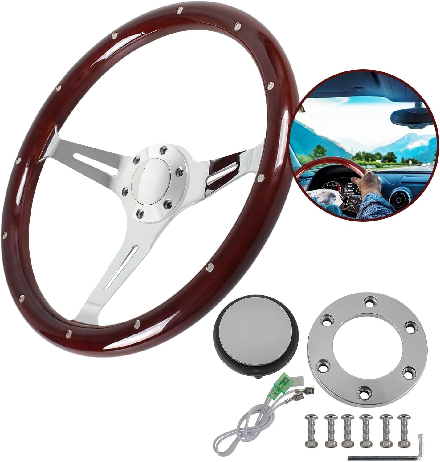 Donpida 380MM (15") Wood Grain Steering Wheel With Horn Button Kit - Classic Hollow-Carved Design For Most Cars - View #10