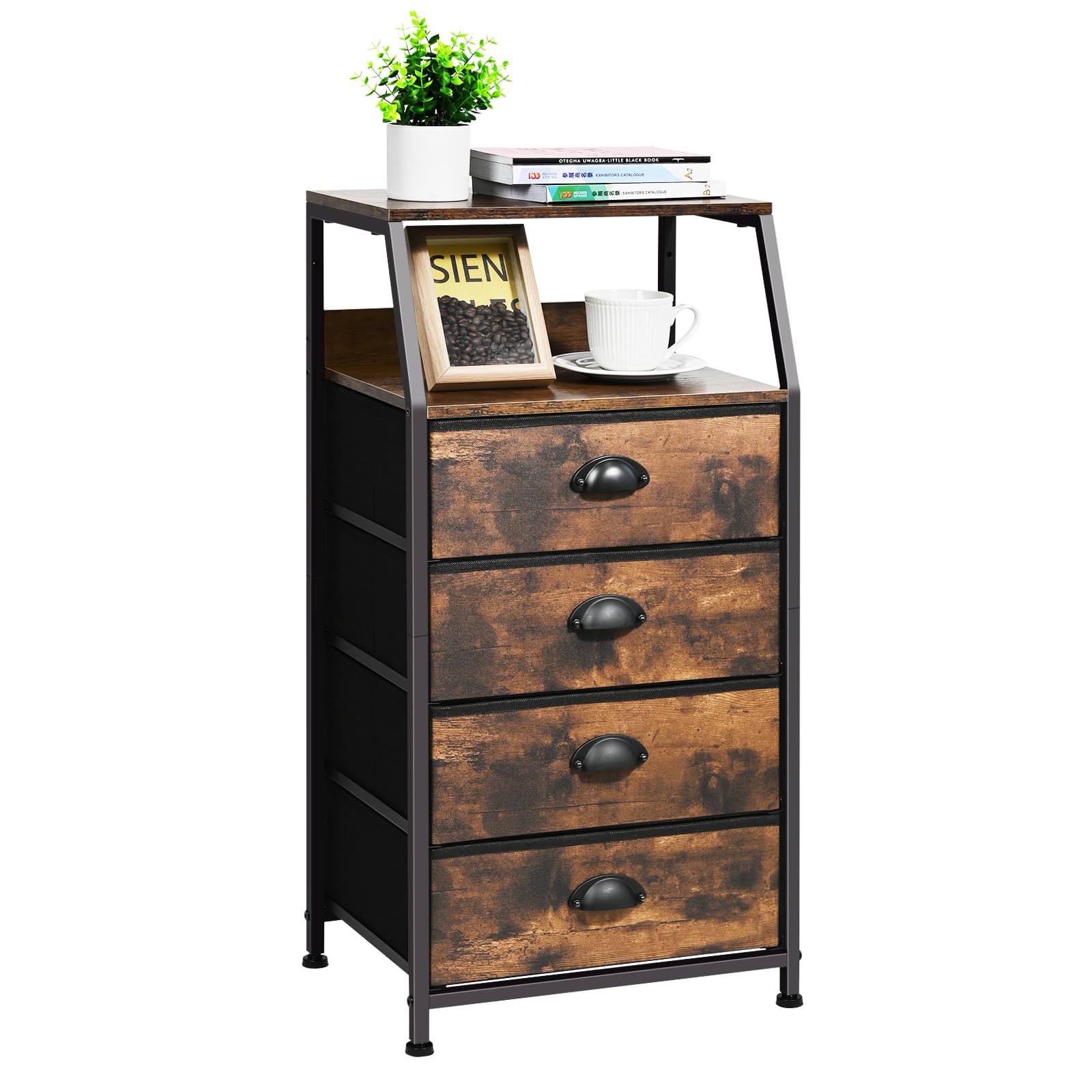 Dresser with 4 Drawers, Fabric Storage Tower for Bedroom, Tall Clothes Storage Drawers, Vertical Closet Organizer for Kids Room, Entryway, Nightstand Bedside Table, Sturdy Steel Frame & Wooden Top