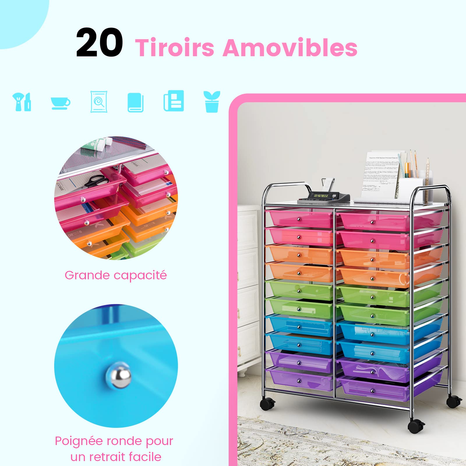 GOPLUS Chariot de Rangement 20 Tiroirs, Tour de Rangement à roulettes, Cadre en Acier, pour Chambre, Bureau, 64 x 38 x 87 CM, Multicolore Tranparent
