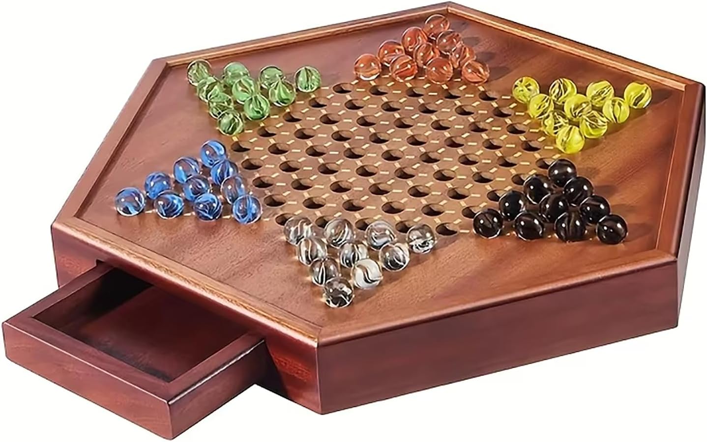 Chinese Checkers Board Game – 12.6" Wooden Set with 60 Colorful Glass Marbles + 12 Extra Marbles – Classic Strategy Game for Adults & Family Fun