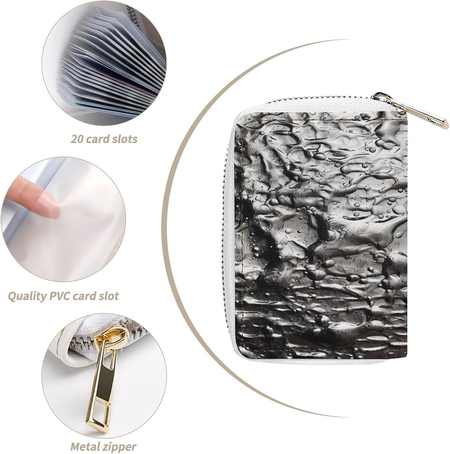 Leather Card Organizer Case Card Wallet Credit Card Holder Silver Texture Printed Zipper Card Cases Holder for Women Men