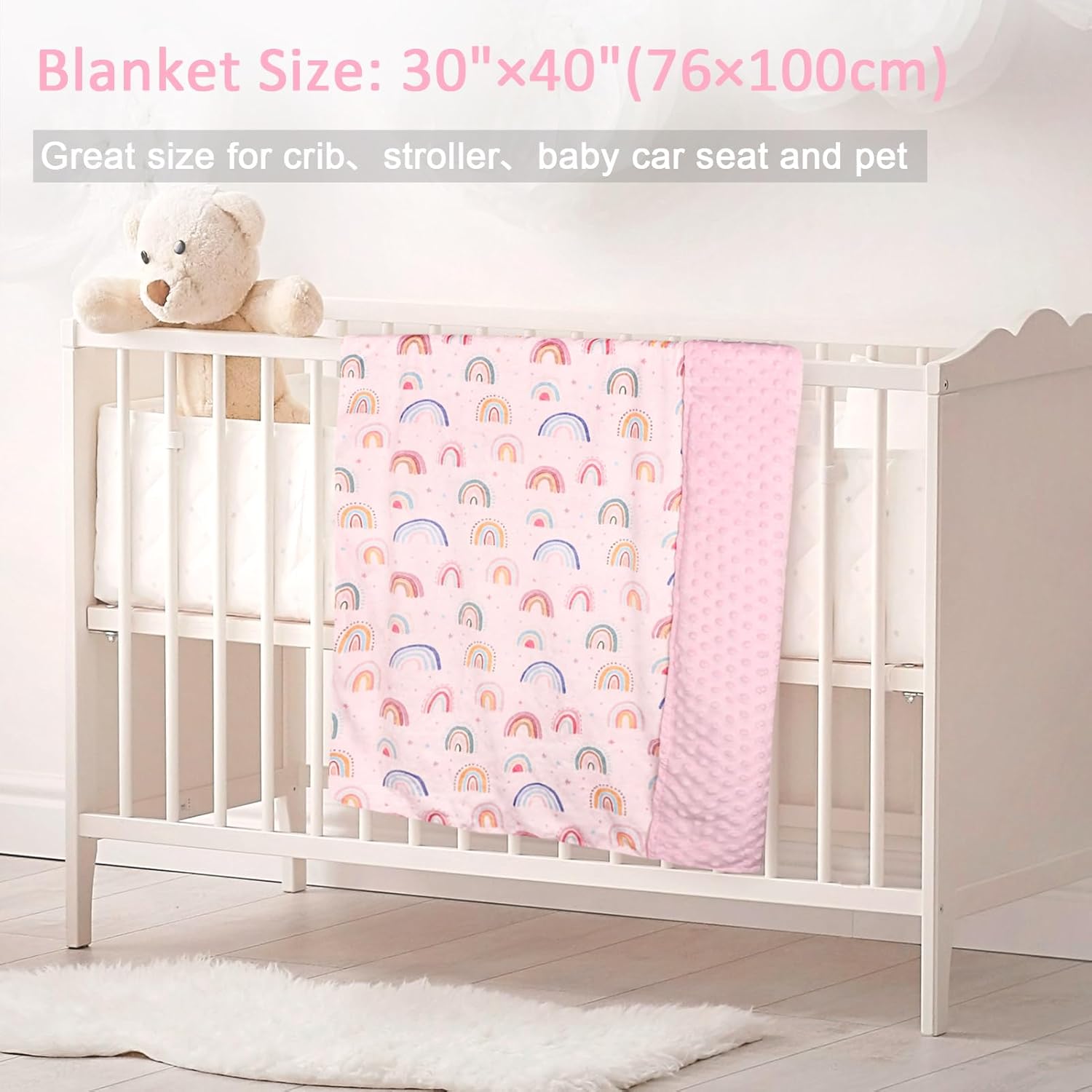 Super Soft Minky Toddler Blanket 30x40 Inches, Double Layer, Dotted Backing, Floral Baby Crib Blanket for Nursery, Car Seat, Pet, Rainbow - Image 2