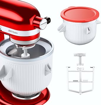 Ice Cream Maker Attachment for KitchenAid Stand Mixer, Ice Cream Bowl Compatible with 4.5Qt and Larger Stand Mixers, Ice Cream & Sorbet Gelato Maker Attachment, 2 Quart, White, With lid