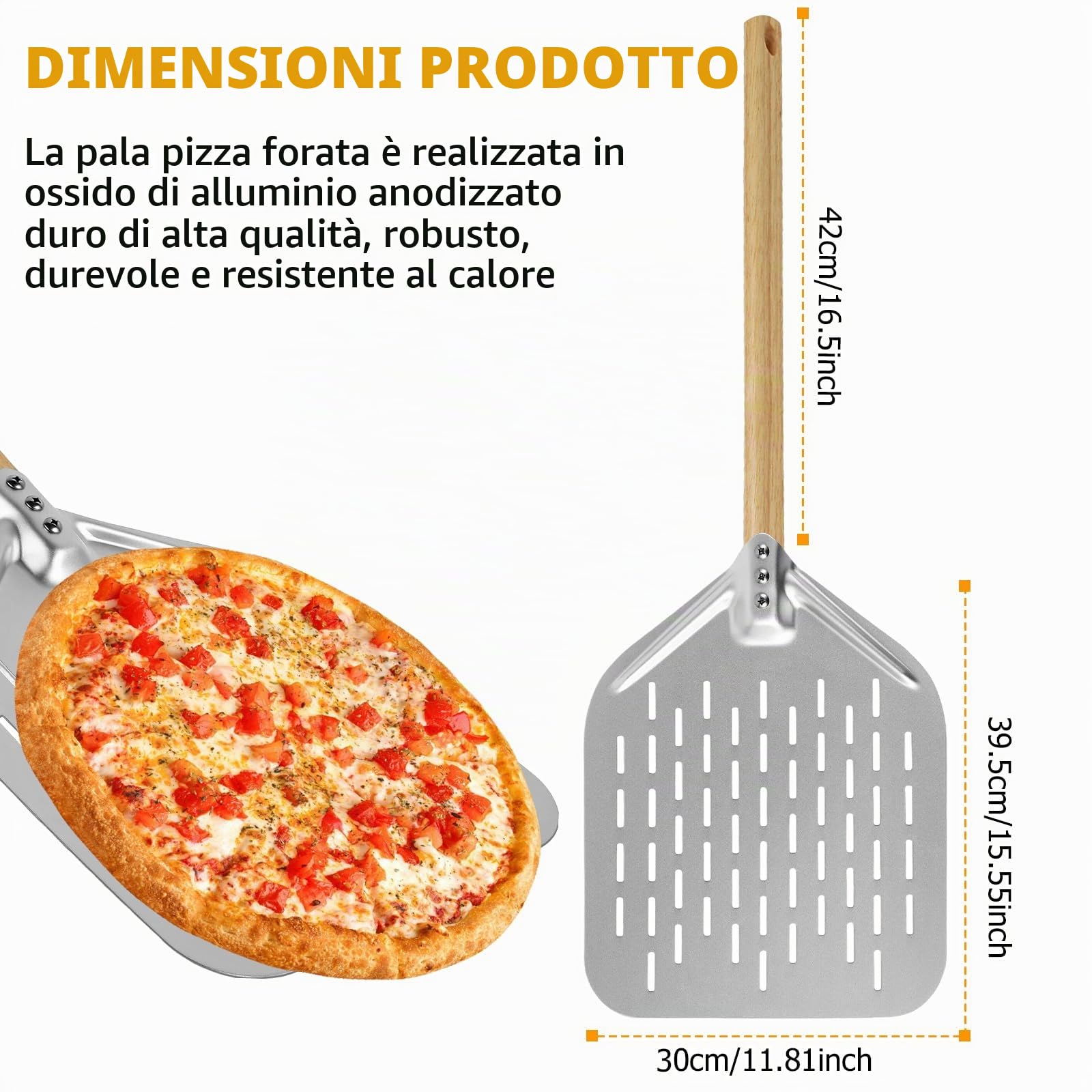HOMURY Pala per pizza perforata con manico staccabile, 30,5 cm (12 pollici), alluminio anodizzato per pizza fatta in casa