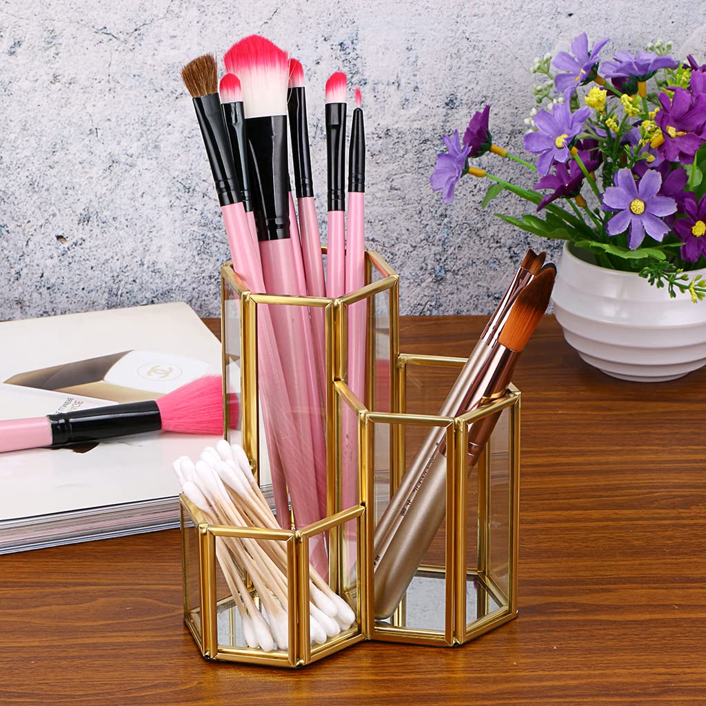 Hipiwe 3-Slot Hexagon Glass Organizer with Gold Metal Frame