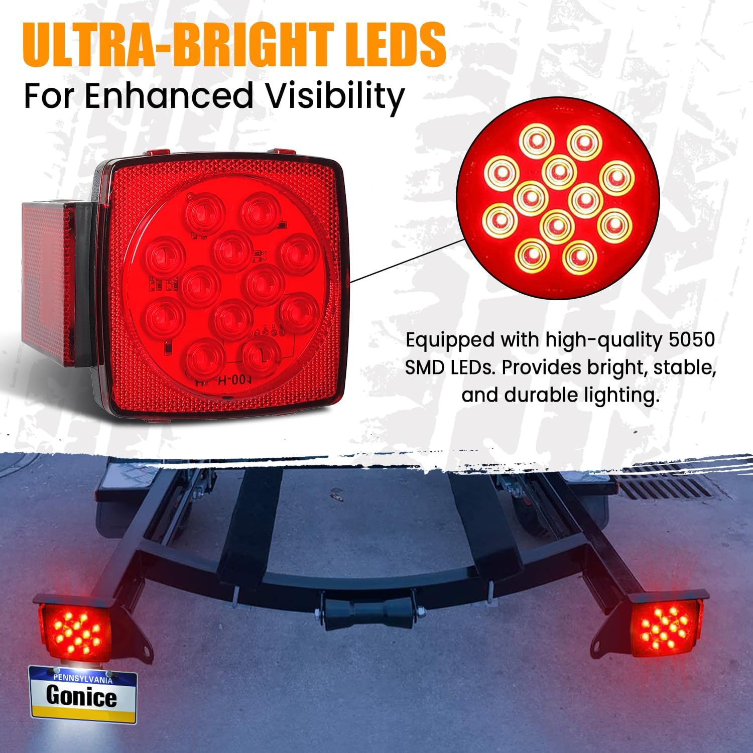 Gonice 12V LED Trailer Light Kit, Super Bright Submersible Boat Trailer Lights, Utility Brake Turn Tail Lights for Camper Truck, RV Snowmobile, DOT Compliant, IP68 Waterproof