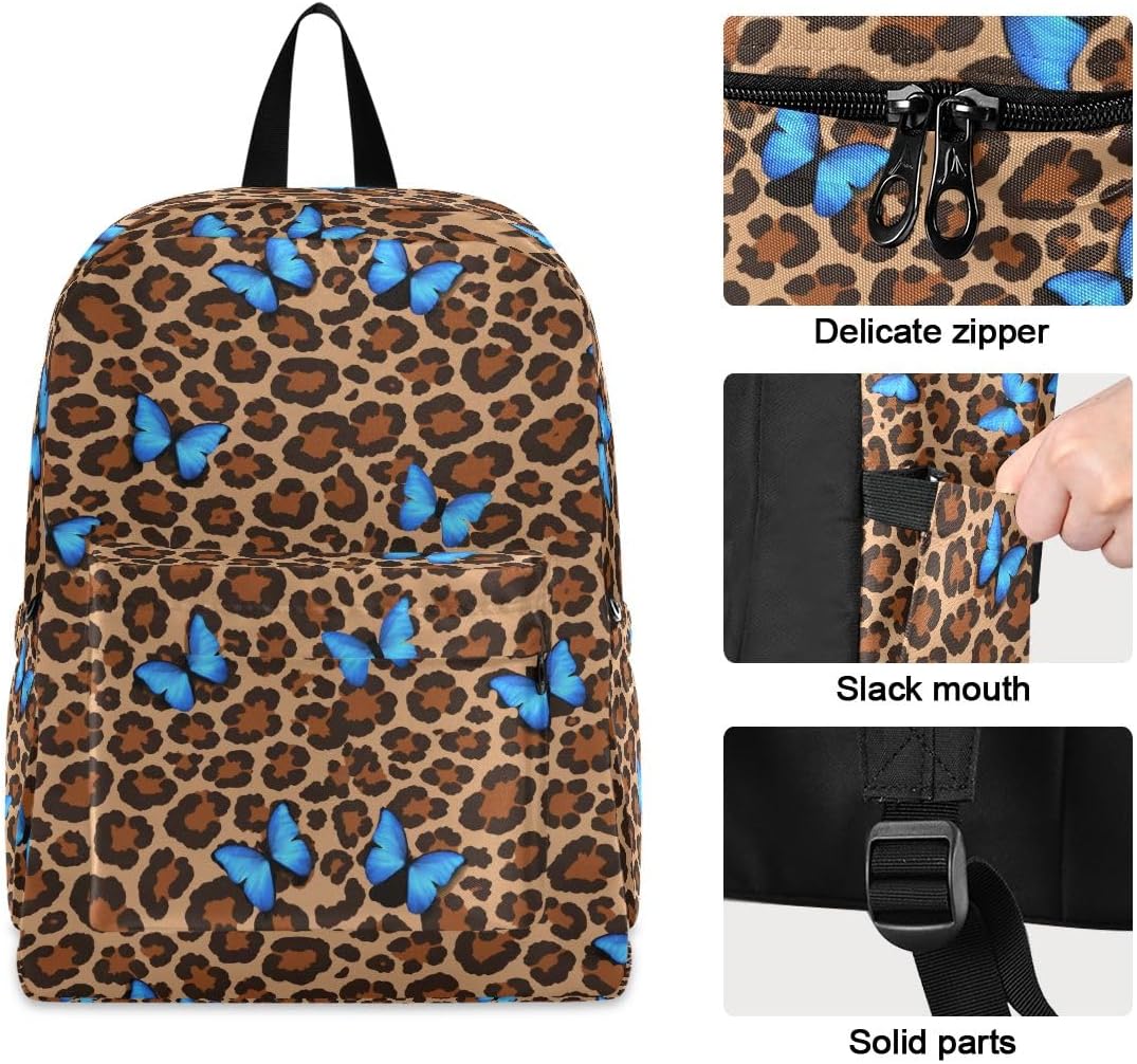 Bolaz Blue Butterfly Leopard Cheetah Print Backpack, Travel Rucksack Lightweight School Bookbag Daypack for Adults Teen Students Boys Girls One Size