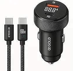 Carregador Veicular Tipo C 60W com Cabo Trançado de 1 Metro – Alta Velocidade, Homologado, Premium e Resistente – Ideal para Viagens e Uso Diário – Elegante e Durável!