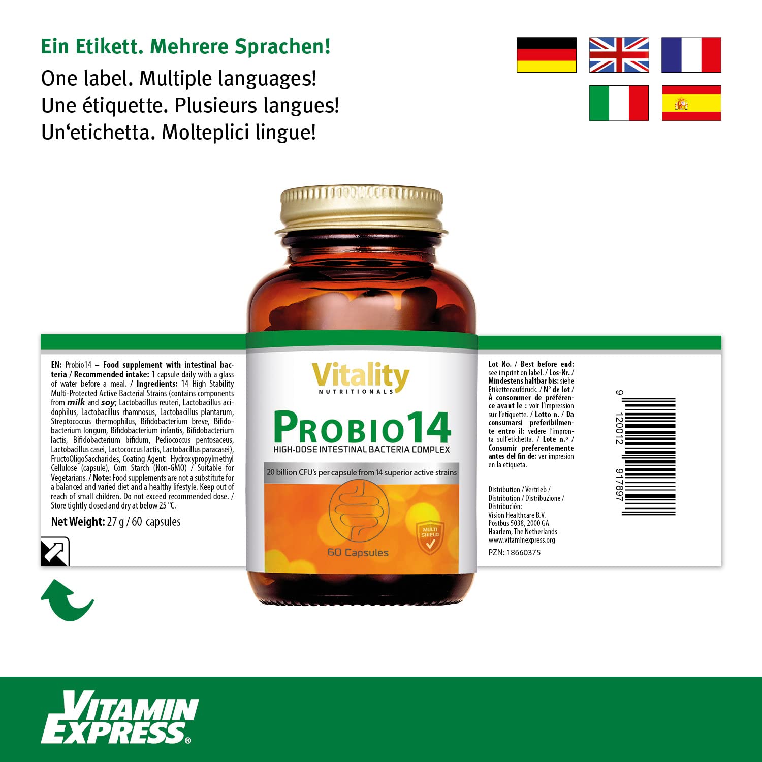 Probio 14 mit aktiven Darmbakterien u.a. Lacto, Bifido, Pediococcus, 200 mg FOS, Vegetarisch (60 Kapseln) Darmgesundheit Vitality Nutritionals by Vitaminexpress
