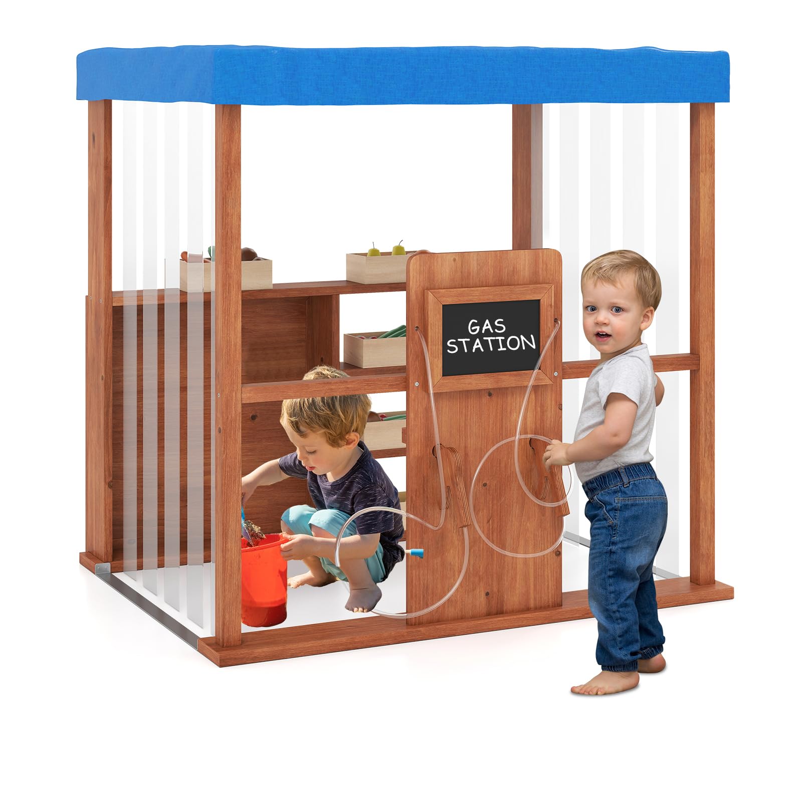GYMAX Kids Gas Station Playset, Outdoor Gasoline Station Toy with Canopy, 2 Simulation Refueling Guns and Blackboards, Wooden Children Grocery Store for 3+ Years Old