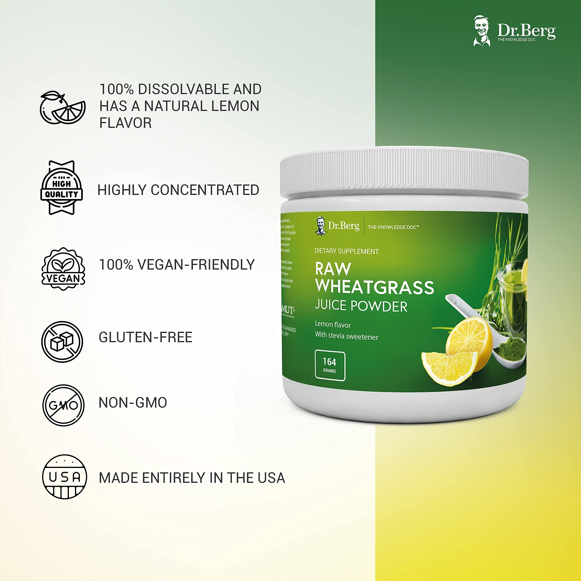 Dr. Berg's Raw Wheatgrass Juice Powder, Lemon Flavor w/ Stevia