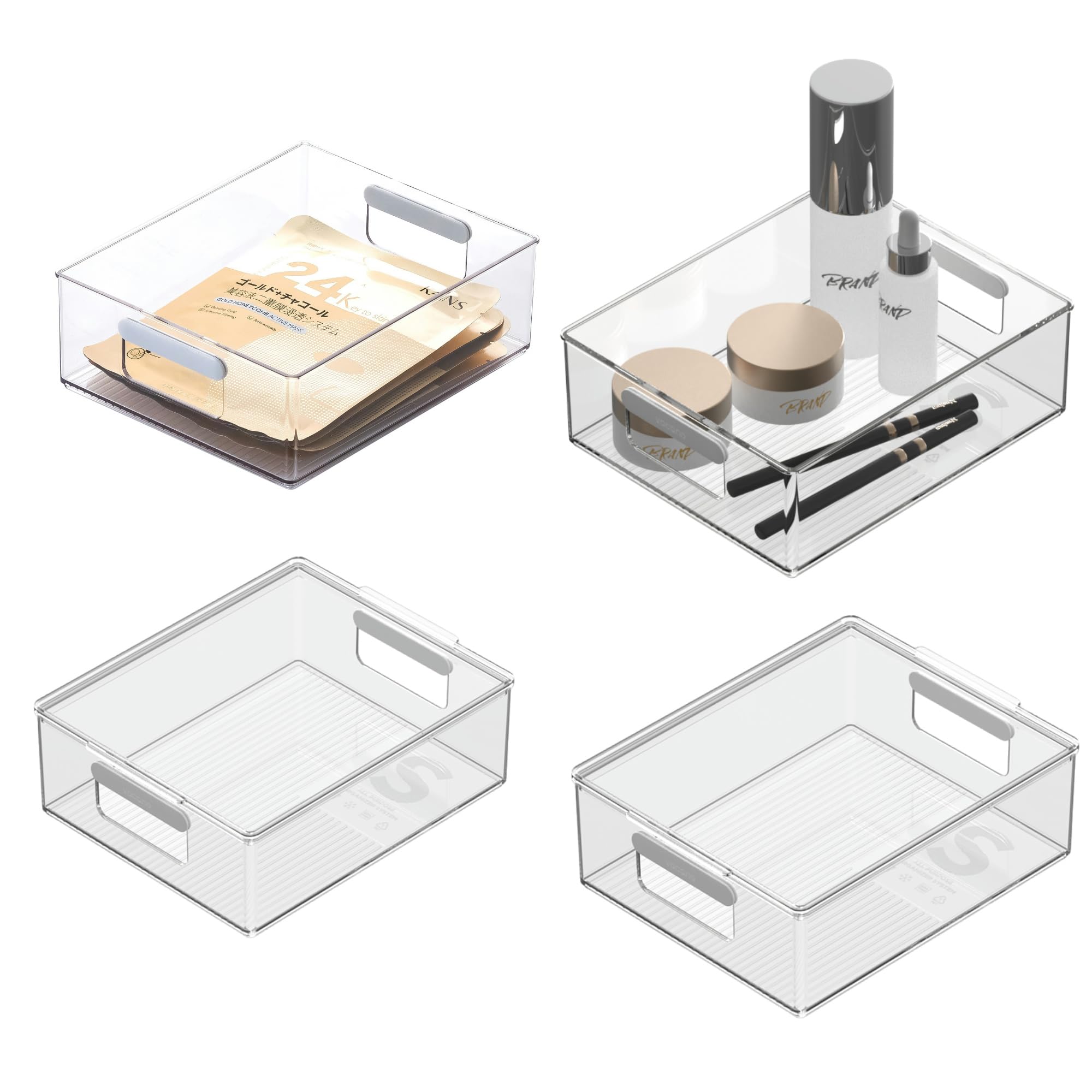 vacane 4 Pack Plastic Pantry Organization and Storage Bins with Handle, Kitchen Organization or Kitchen Storage – Refrigerator Organizer Bins, Cabinet