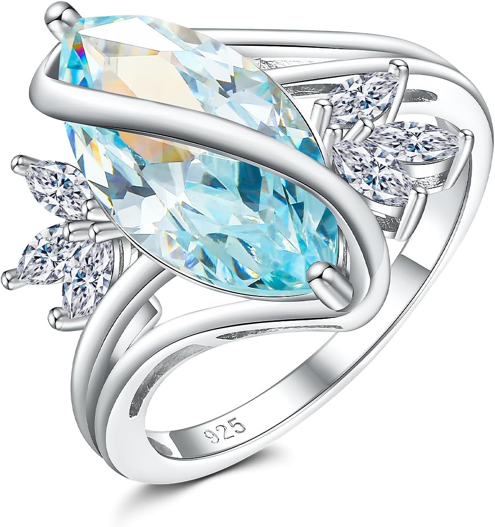 Marquise Cut Ring Sterling Silver Engagement Rings for Women Twist Marquise Flower Ring Created Sapphire/Ruby/Emerald/Aquamarine Gemstone Anniversary Jewelry Size 6-10
