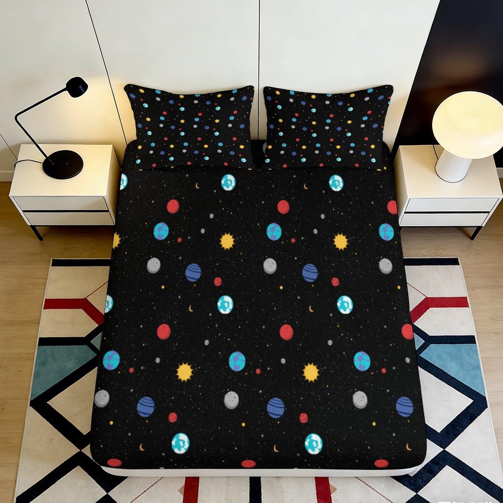 3D Printed Galaxy Starry Sky Fitted Sheet Microfiber Black Space Planet Mattress Cover for Bedroom Guest Room Dorm 160x200x25cm