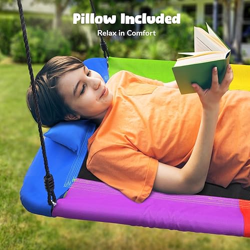 Miniatura 4 de Hapfan Columpio de árbol de plataforma de 60 pulgadas para niños y adultos con almohada, columpio rectangular grande resistente para niños al aire