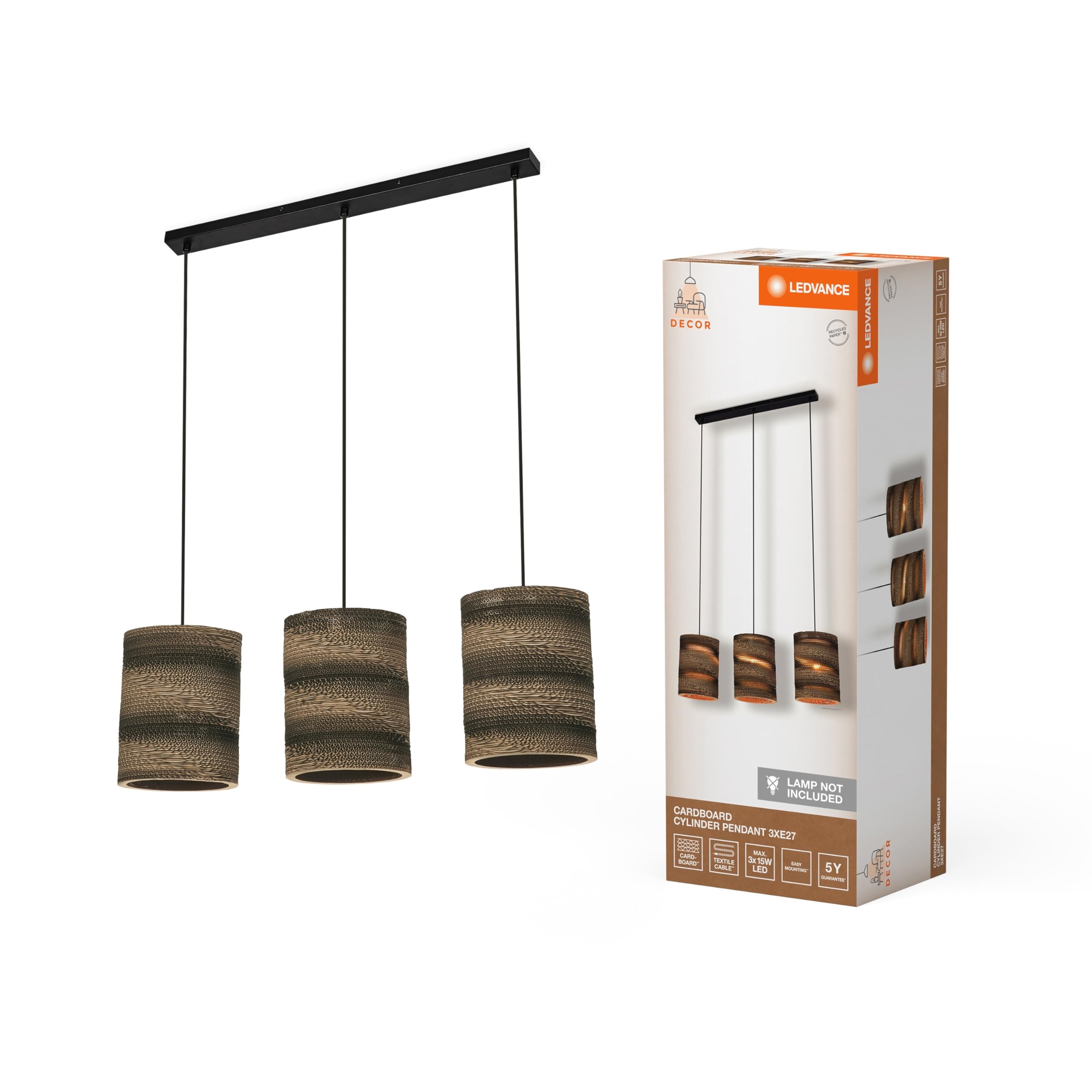 Ledvance Decorative Cardboard Cylinder Pendant Light 3-Bulb Brown Corrugated Cardboard E27 830 mm Length Lamp Shade Made from Recycled Material Sustainable Thanks to Replaceable Light Source Easy