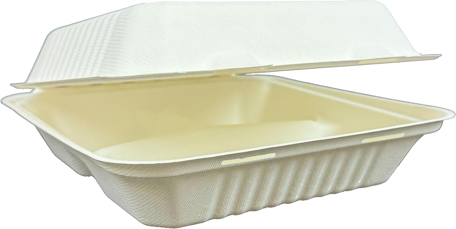 8 x 8 x 3 inches Bagasse 3-Compartment Disposable Hinged Containers 200 Pack Sugarcane Biodegradable Take out Bento Box (Natural)