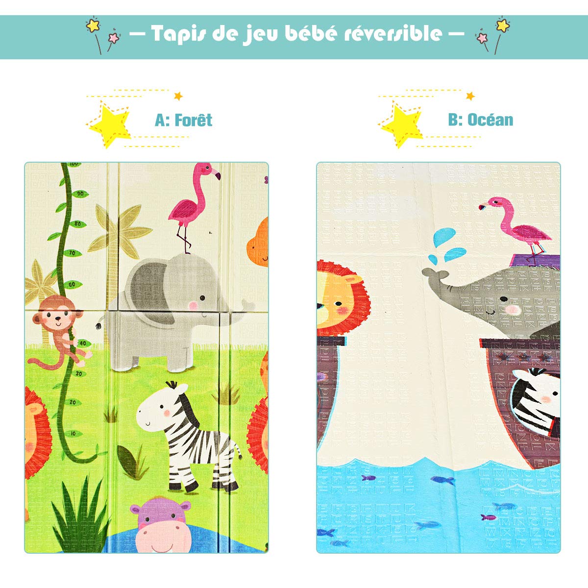 COSTWAY Tapis de Jeu Bébé Pliable 200x180x1,4cm avec Sac de Transport, Tapis de Sol XXL en XPE Imperméable et Réversible avec Motif Lion, Tapis d'éveil Double Face