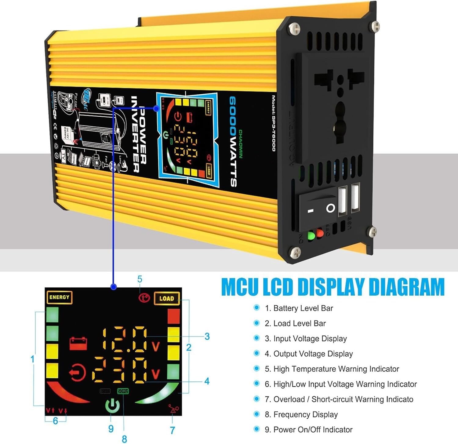 Kit di energia Solare off-Grid da 6000 W con Pannello Solare Impermeabile da 100 W e regolatore di Carica da 50 A for Camper, Barche ed Emergenza(Yellow)