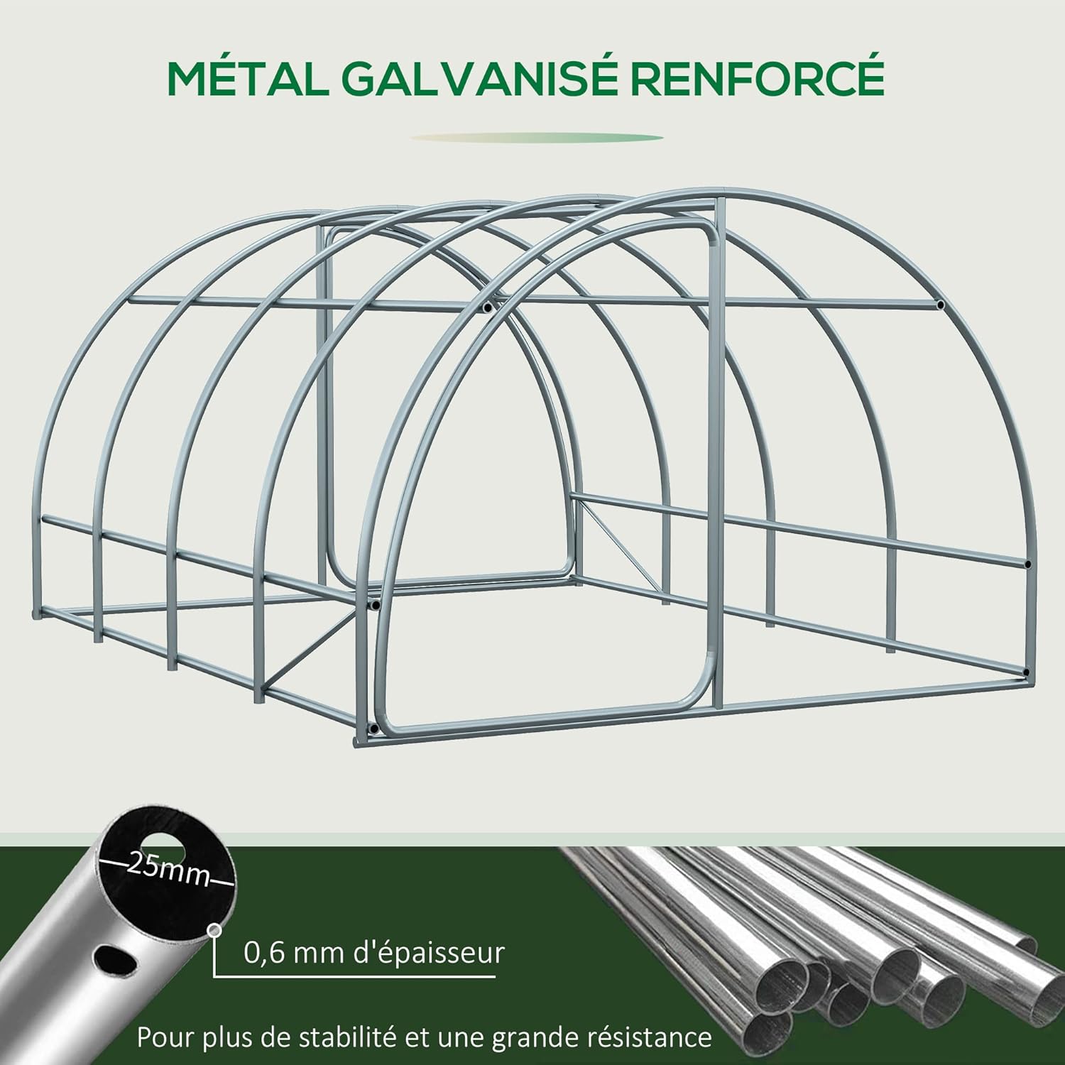 Diagram showing the reinforced galvanized metal frame structure with 25mm diameter and 0.6mm thickness.