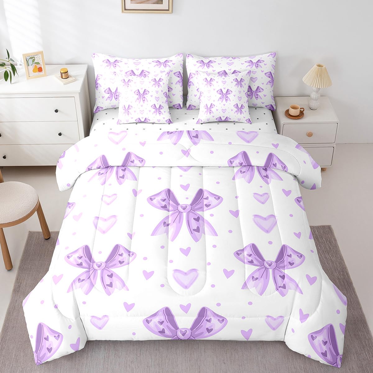 Erosebridal Dreamy Purple Bow Bedding Set Cute Kawaii Bowknot Bed in A Bag for Kids Girls Teen,Fantasy Princess Bow Twin Comforter Set 7 Piece Violet Watercolor Bowknot Sheet Set with Comforter