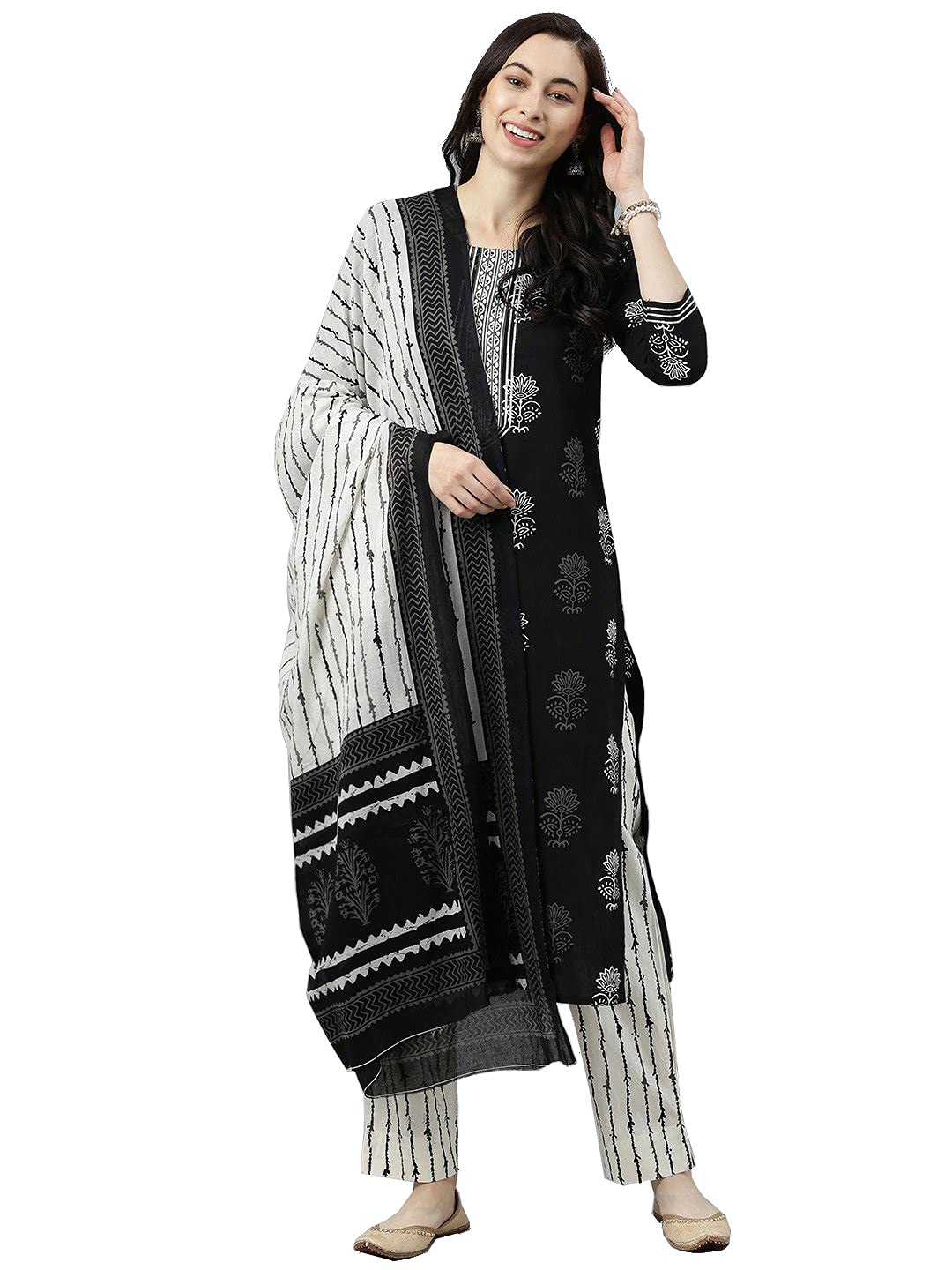 VaamsiWomen's Rayon Blend Floral Block Printed Straight Kurta Pant With Dupatta Set