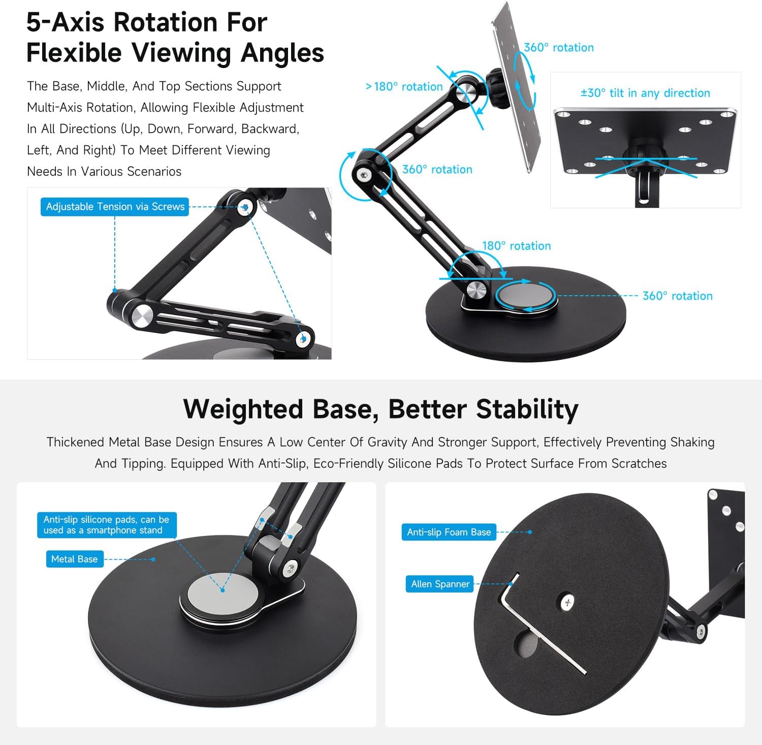 Waveshare VESA Portable Monitor Adjustable Stand, Compatible with Monitors Up to 19 Inches, Multi-Axis Rotation, Ergonomic Design with Weighted Base, Foldable for Easy Storage