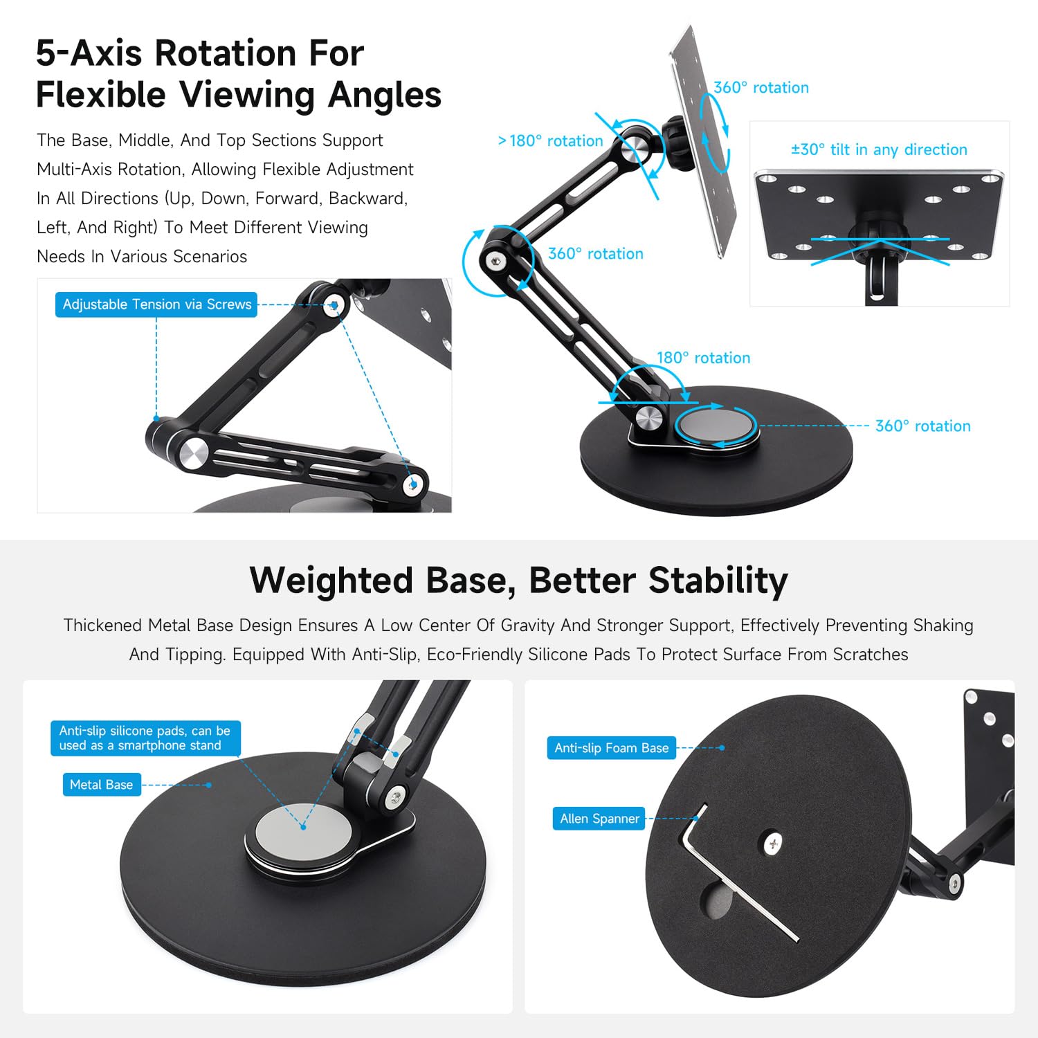 Waveshare VESA Portable Monitor Adjustable Stand, Compatible with Monitors Up to 19 Inches, Multi-Axis Rotation, Ergonomic Design with Weighted Base, Foldable for Easy Storage
