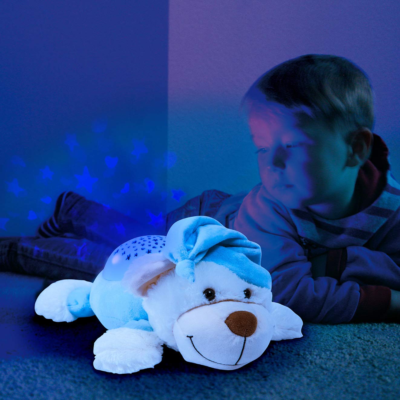 Bayer Design Einschlafhilfe, Schlummerlicht, Nachtlicht mit Sternenlicht, Bär Kuscheltier, Nachtlampe, Kinderlicht, Baby Kinder, blau