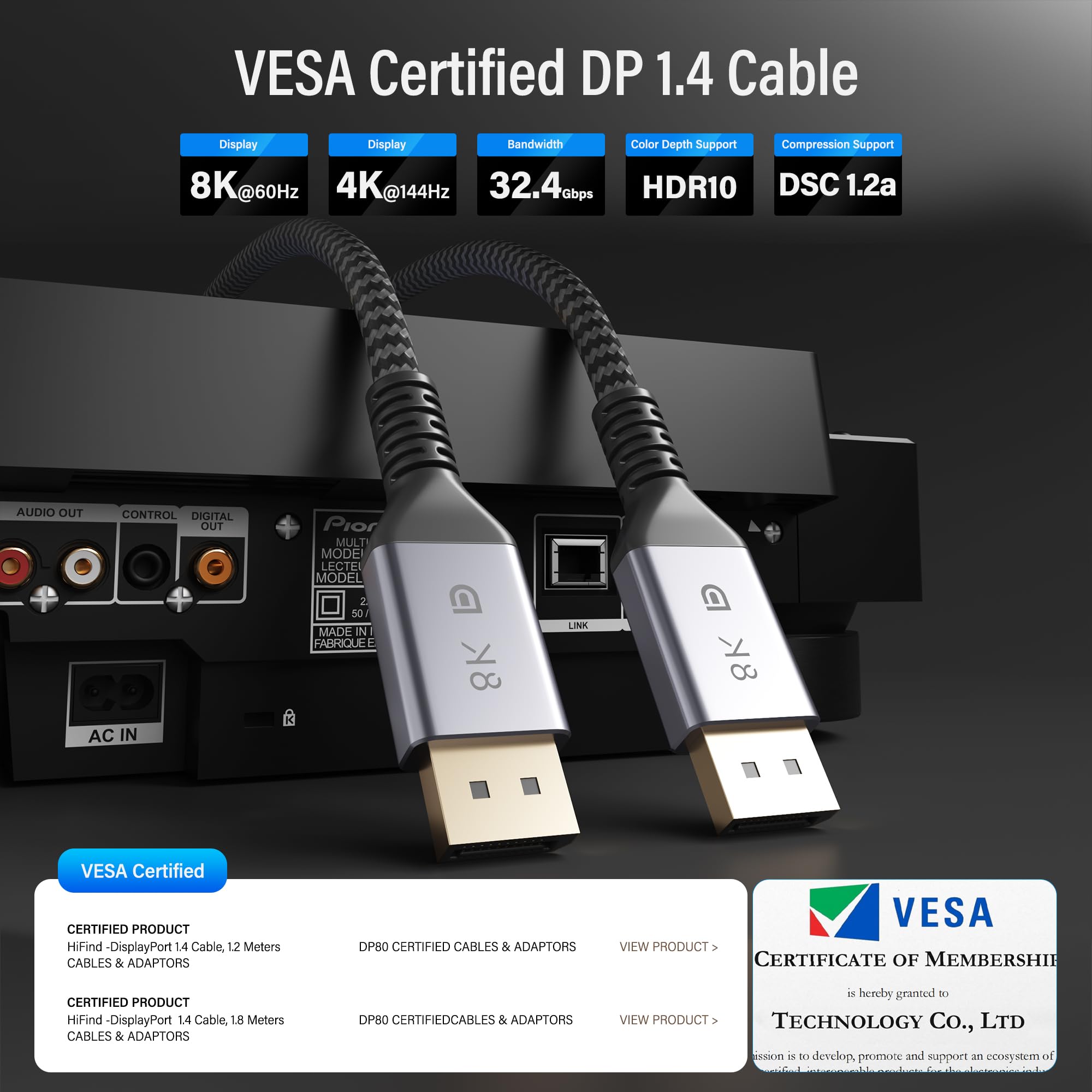 Cavo DisplayPort 1.4 certificato VESA 8K, 32,4 Gbps, ad alta velocità 8K a 60 Hz, 4K a 144 Hz, 2K a 240 Hz, HBR3 HDCP HDR, cavo DP intrecciato per monitor da gioco, grafica PC, TV, 25 cravatte+2