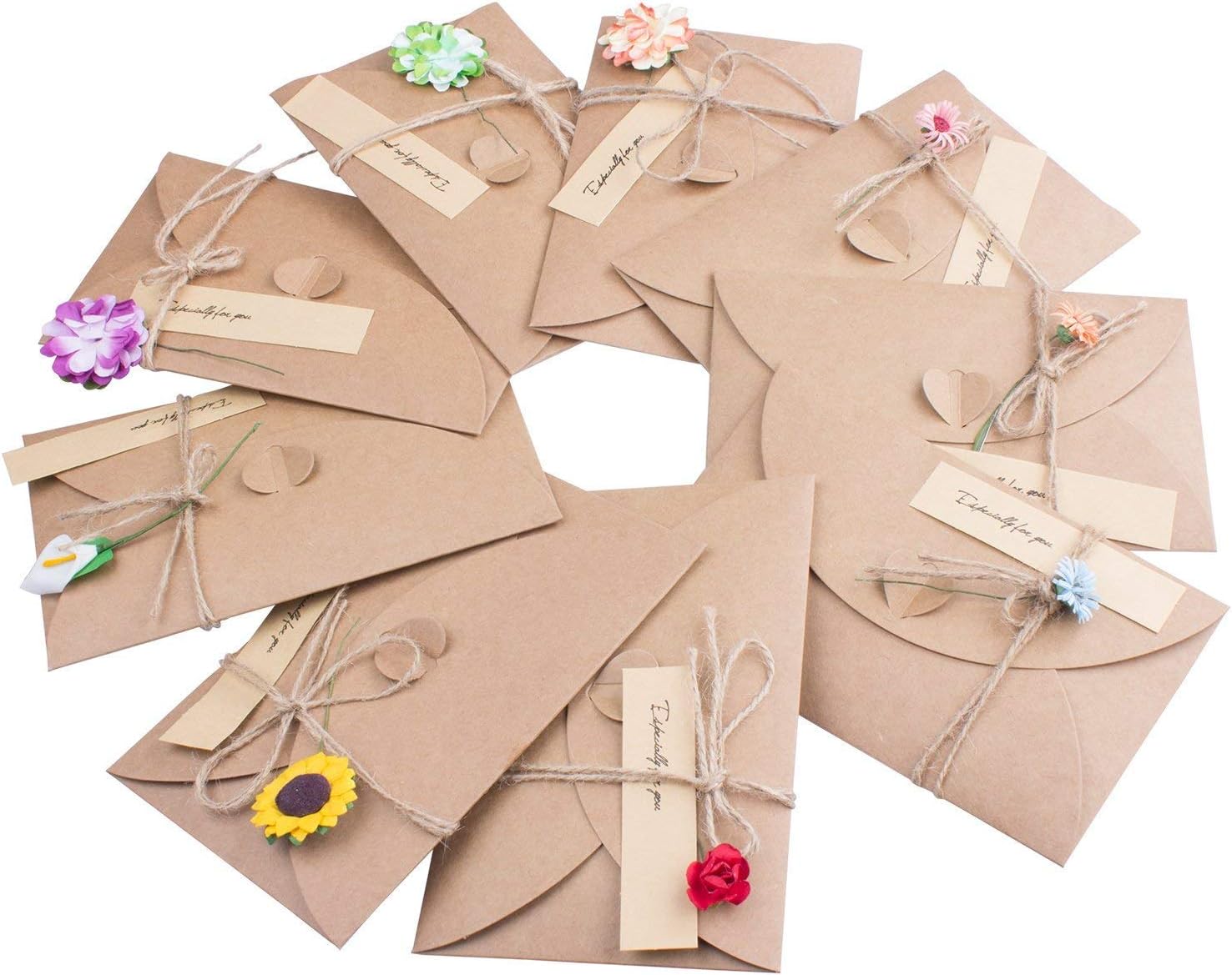 ZARRS Greeting Cards and Envelopes,9 Multipack Retro Kraft Paper Cards Blank Inside Handmade Card for Birthday Christmas Wedding Anniversary Mother's Day,Dried Flowers and Jute Twine